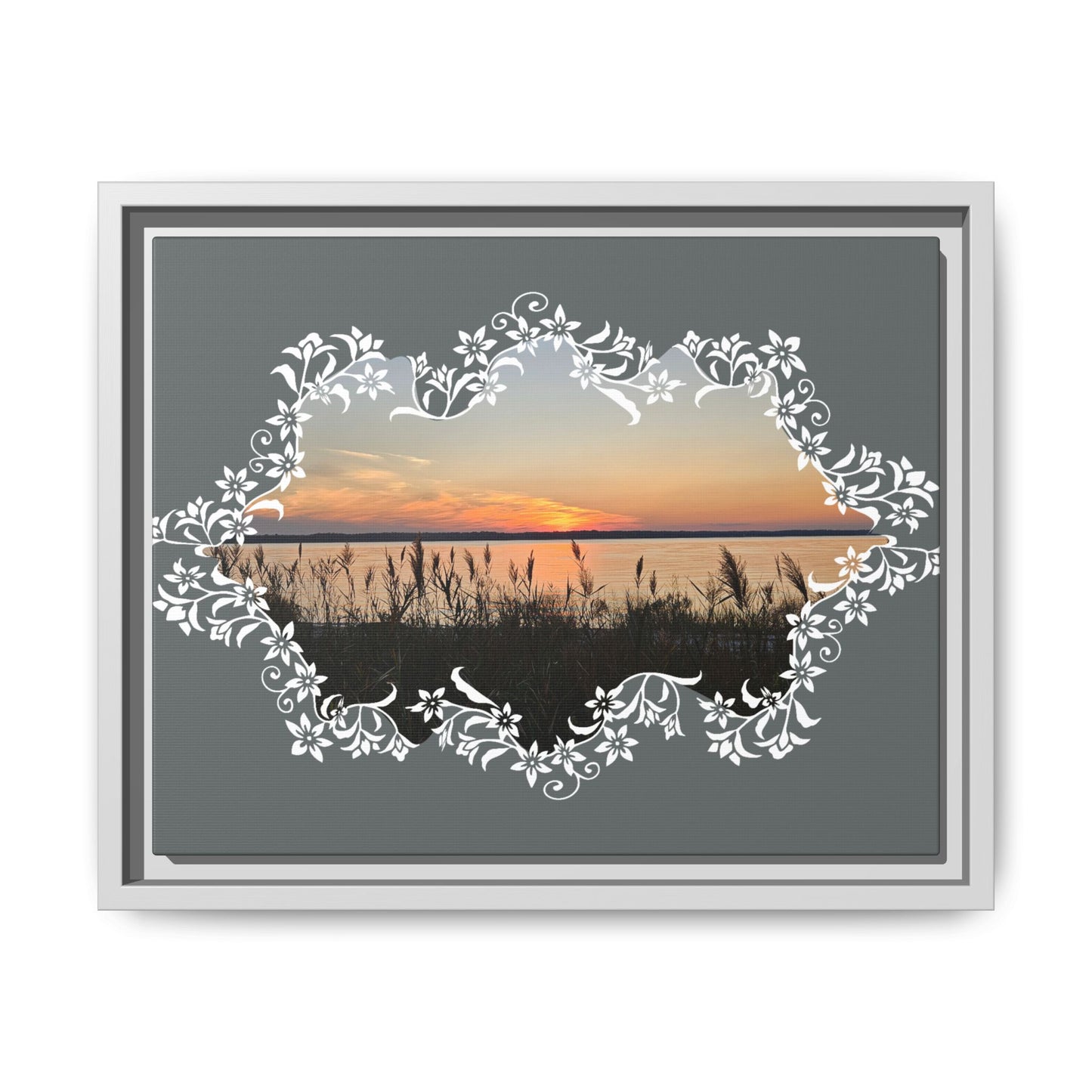 "Wild Youth" Framed Matte Canvas - Sunrise Marsh with Ornate White Floral Frame