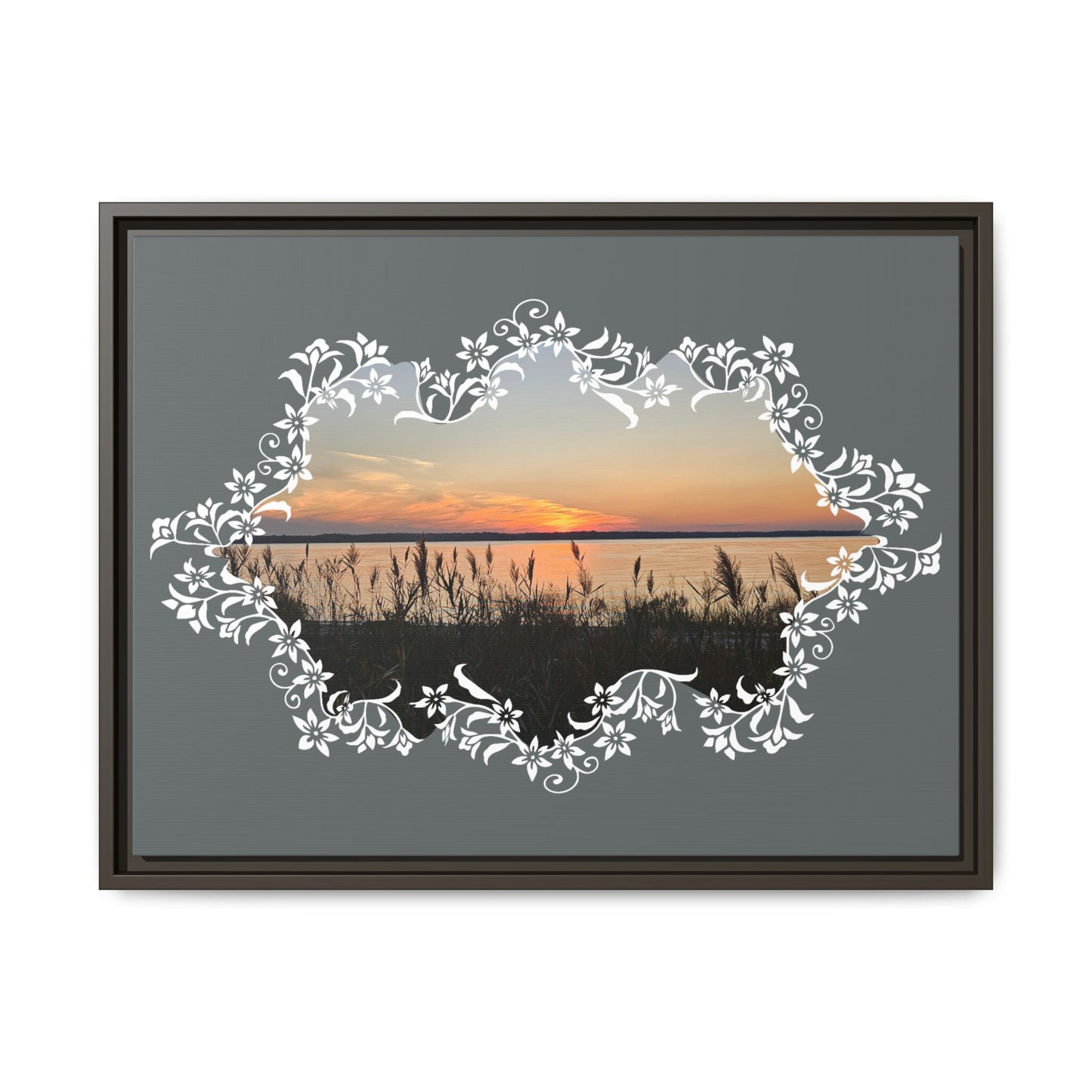 "Wild Youth" Framed Matte Canvas - Sunrise Marsh with Ornate White Floral Frame