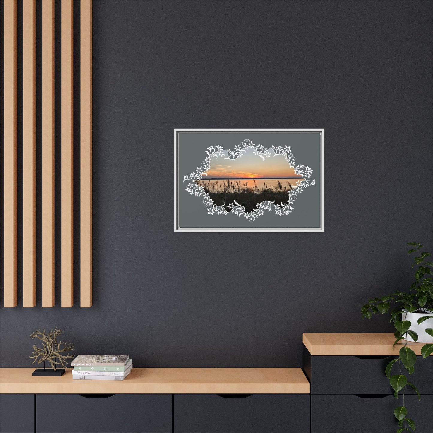 "Wild Youth" Framed Matte Canvas - Sunrise Marsh with Ornate White Floral Frame