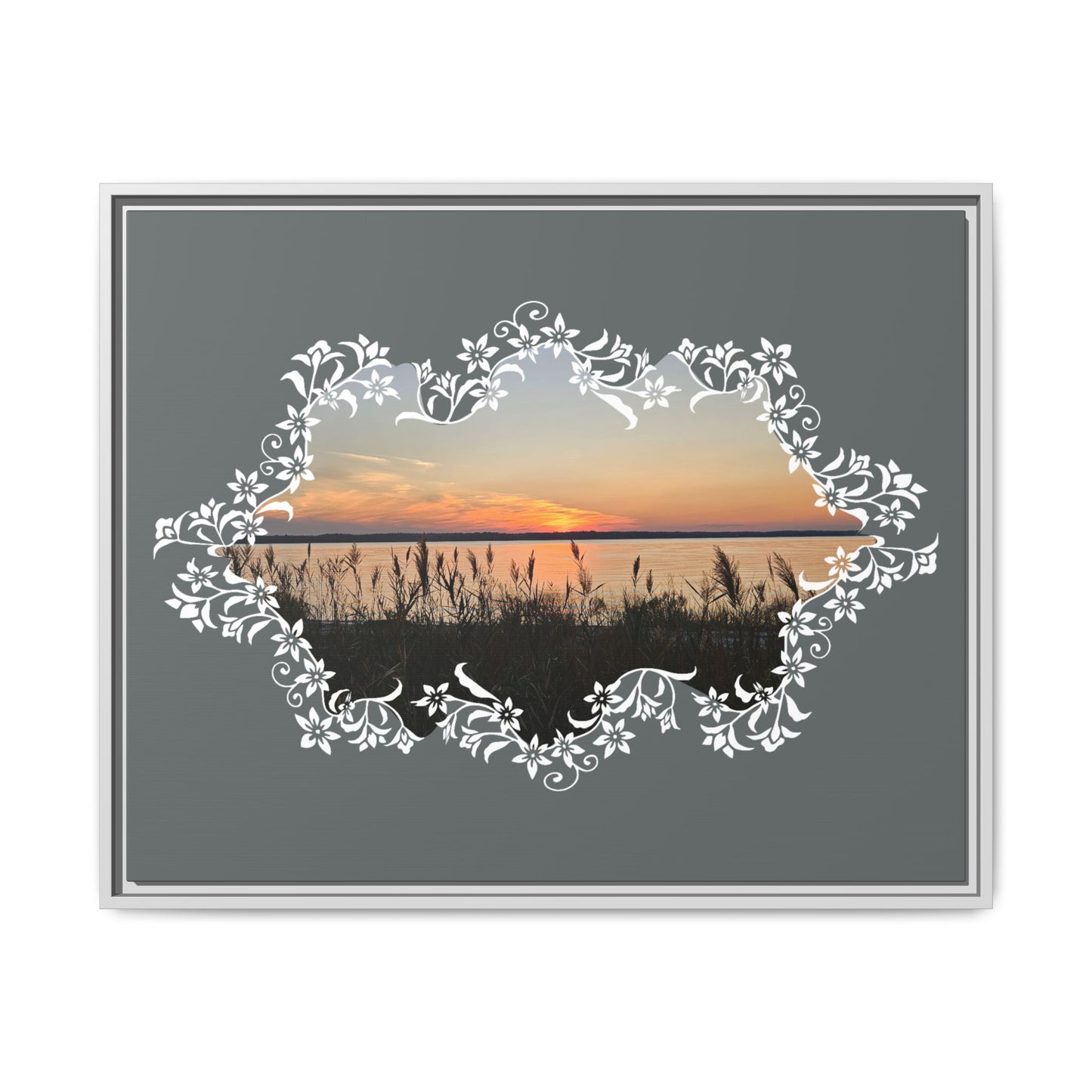 "Wild Youth" Framed Matte Canvas - Sunrise Marsh with Ornate White Floral Frame