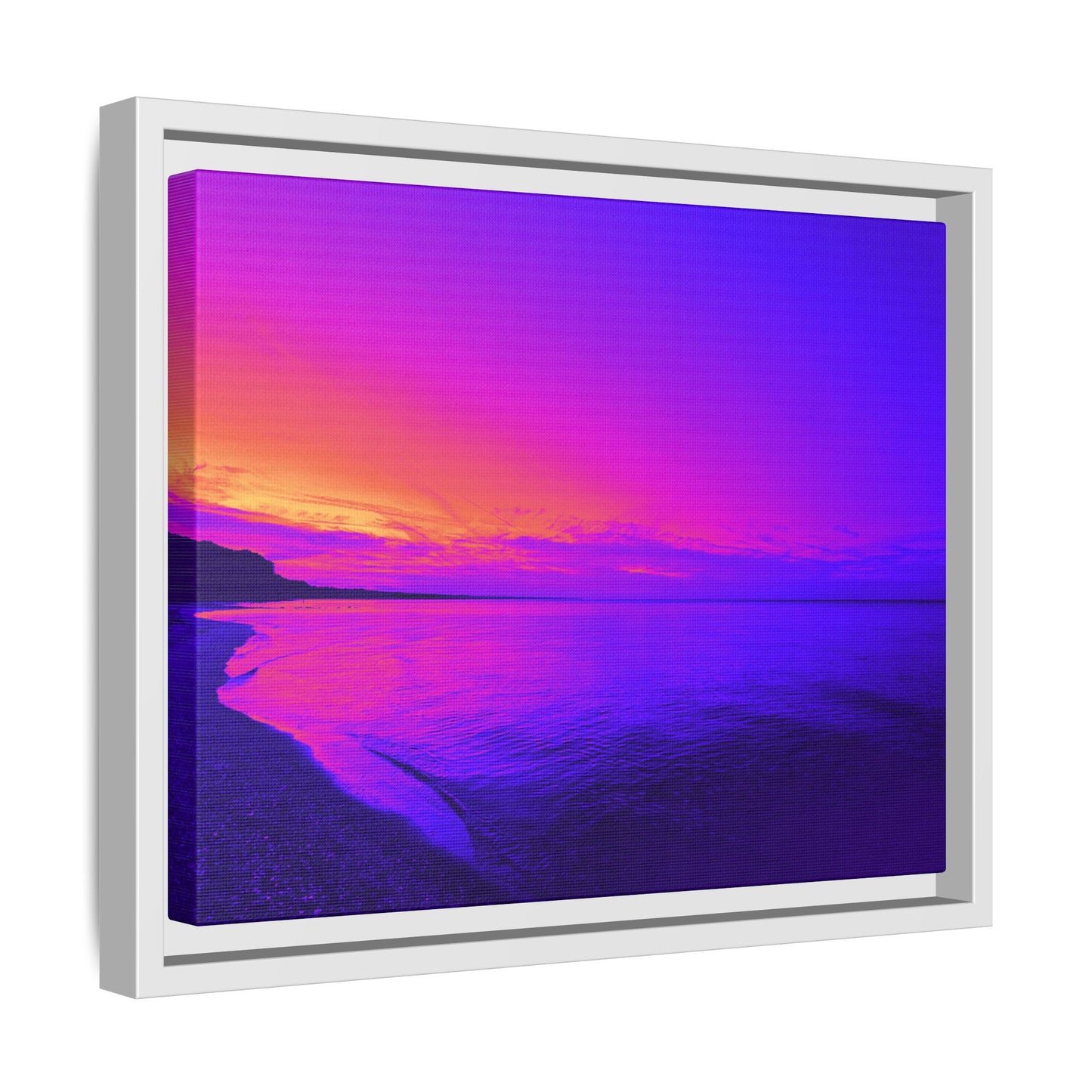 "Lavishing Symmetry" Sunset Shore Matte Canvas Framed Wall Art — Vibrant Purple & Pink Beach Landscape