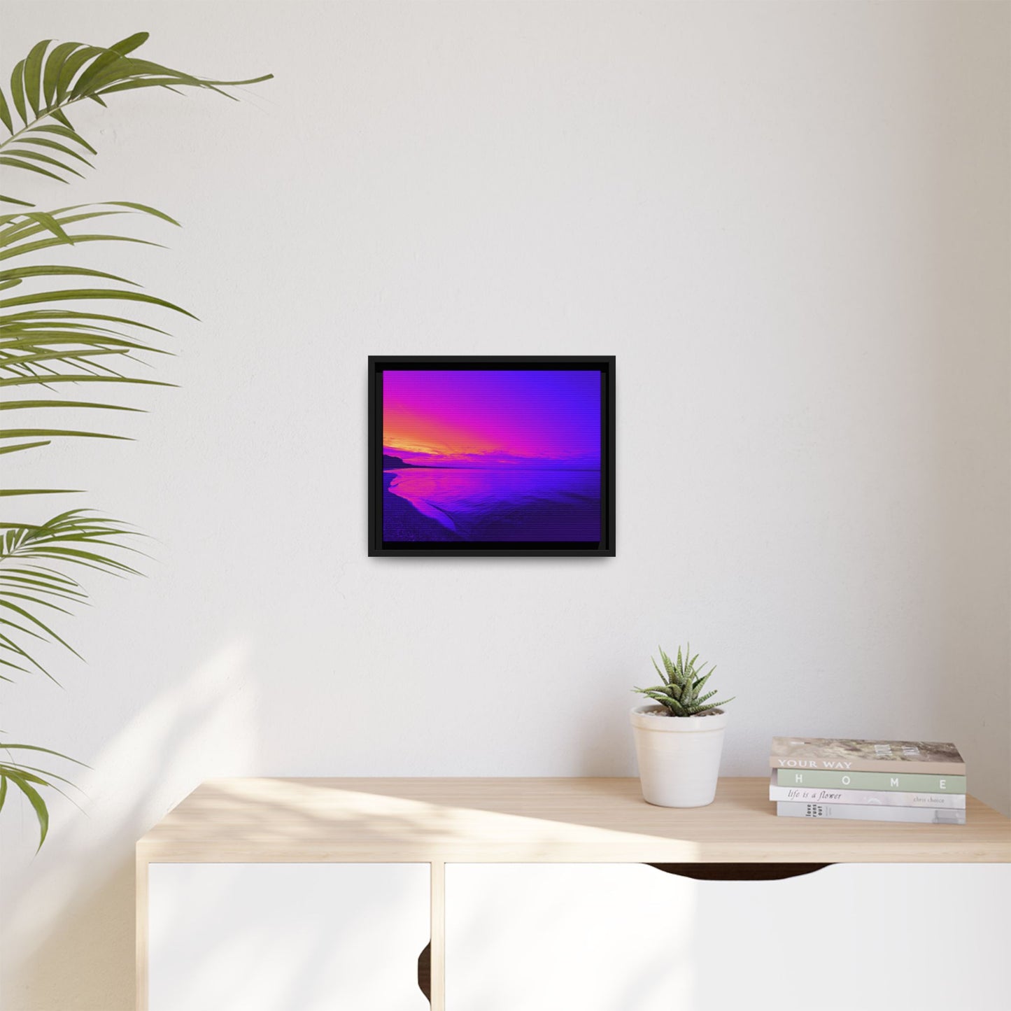 "Lavishing Symmetry" Sunset Shore Matte Canvas Framed Wall Art — Vibrant Purple & Pink Beach Landscape