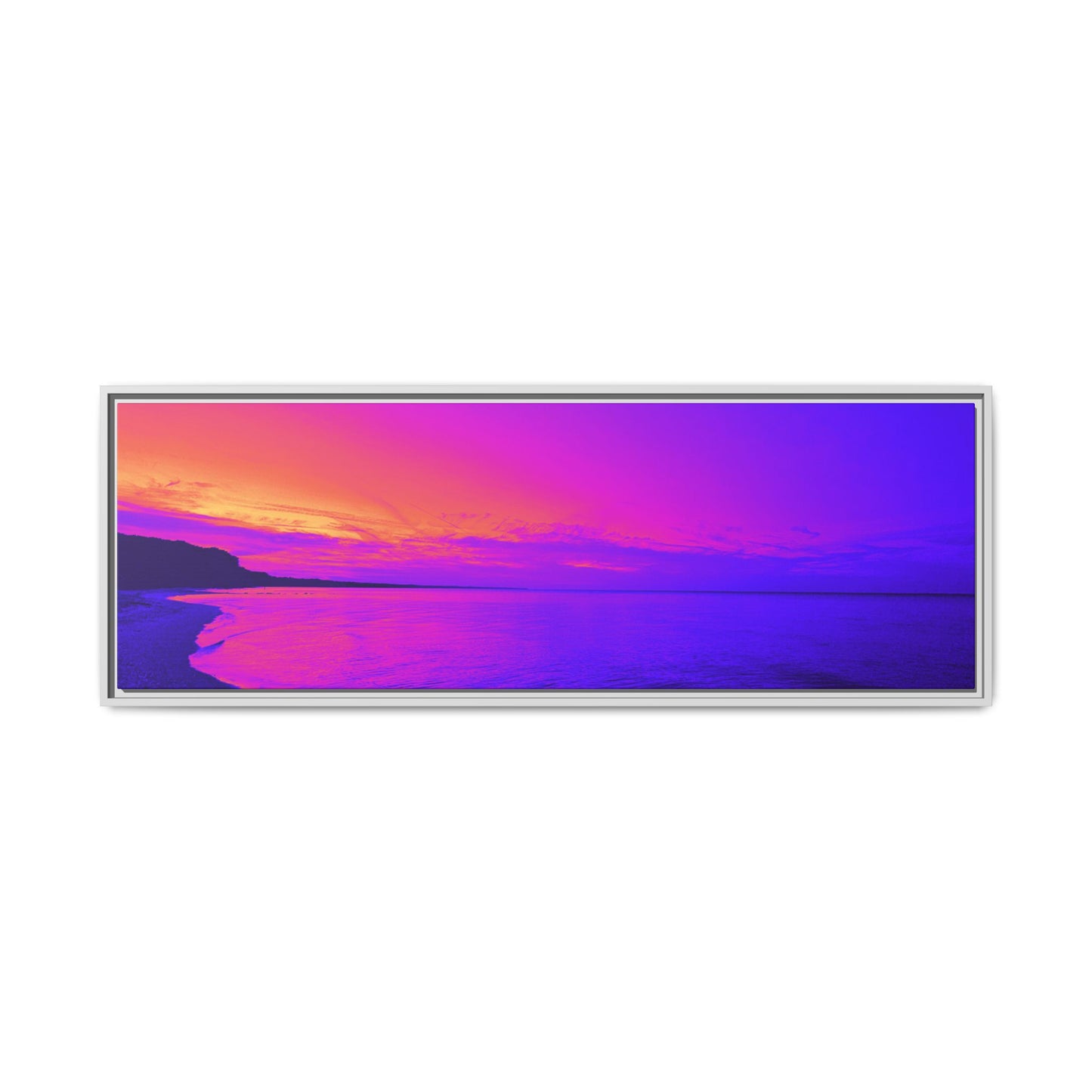 "Lavishing Symmetry" Sunset Shore Matte Canvas Framed Wall Art — Vibrant Purple & Pink Beach Landscape