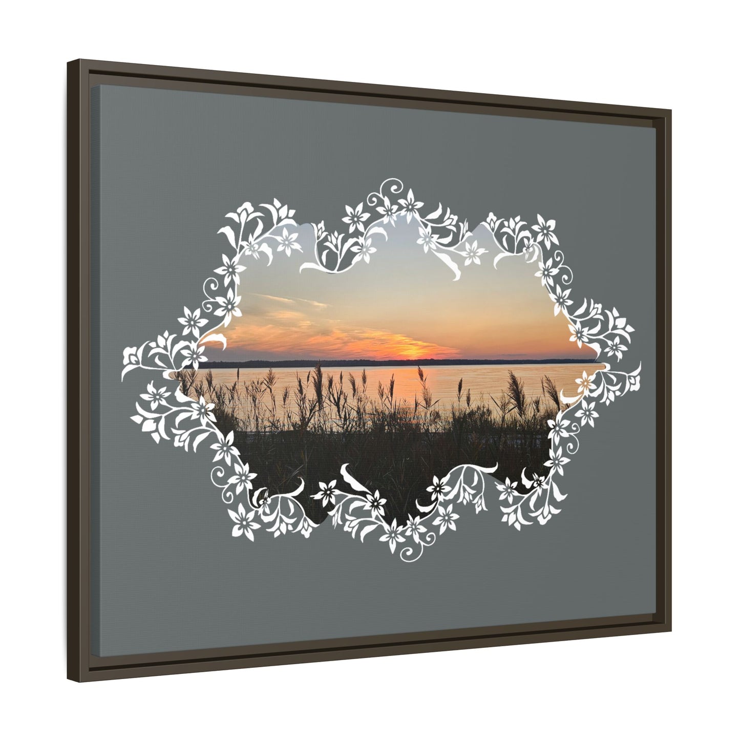 "Wild Youth" Framed Matte Canvas - Sunrise Marsh with Ornate White Floral Frame