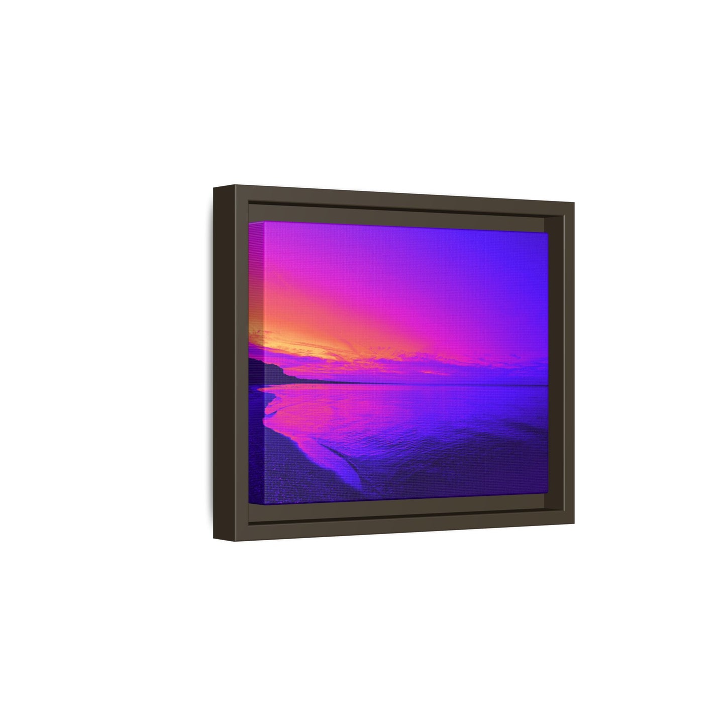 "Lavishing Symmetry" Sunset Shore Matte Canvas Framed Wall Art — Vibrant Purple & Pink Beach Landscape