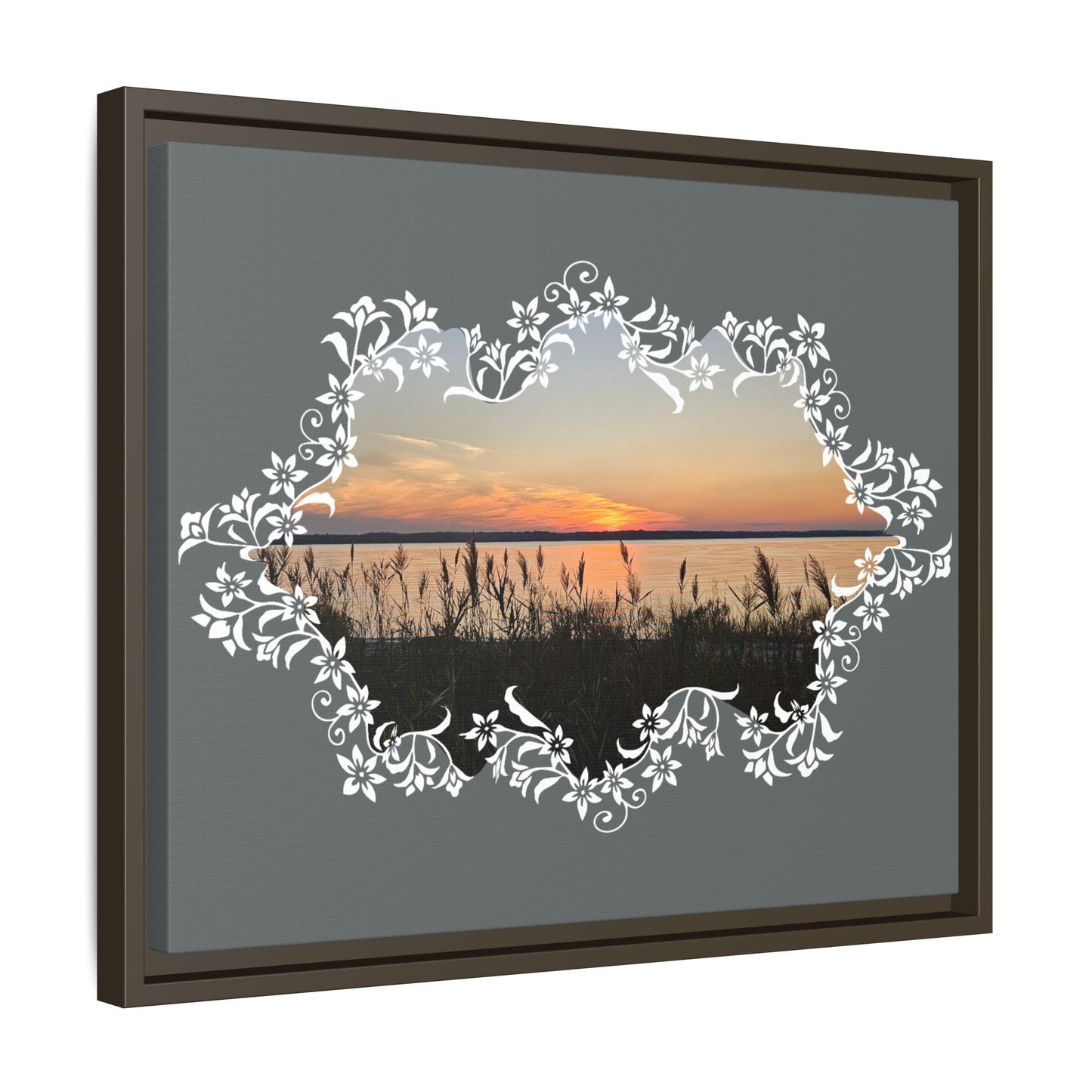 "Wild Youth" Framed Matte Canvas - Sunrise Marsh with Ornate White Floral Frame