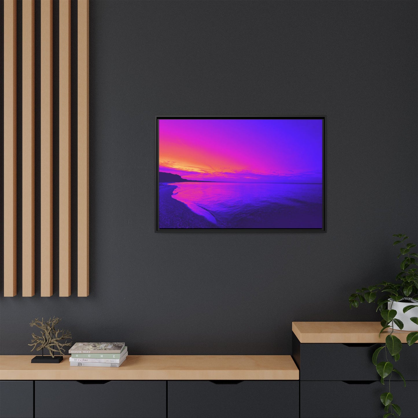 "Lavishing Symmetry" Sunset Shore Matte Canvas Framed Wall Art — Vibrant Purple & Pink Beach Landscape