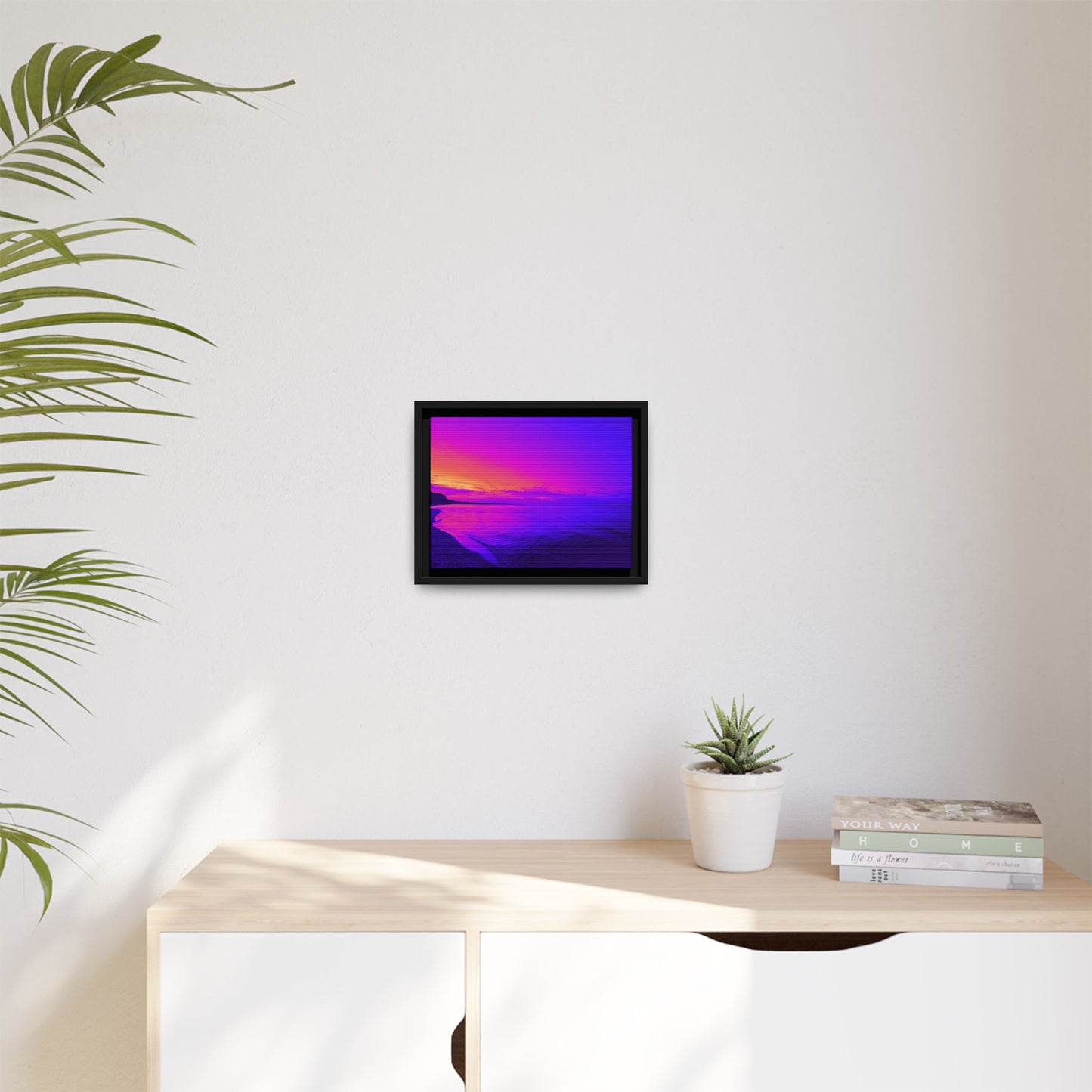 "Lavishing Symmetry" Sunset Shore Matte Canvas Framed Wall Art — Vibrant Purple & Pink Beach Landscape