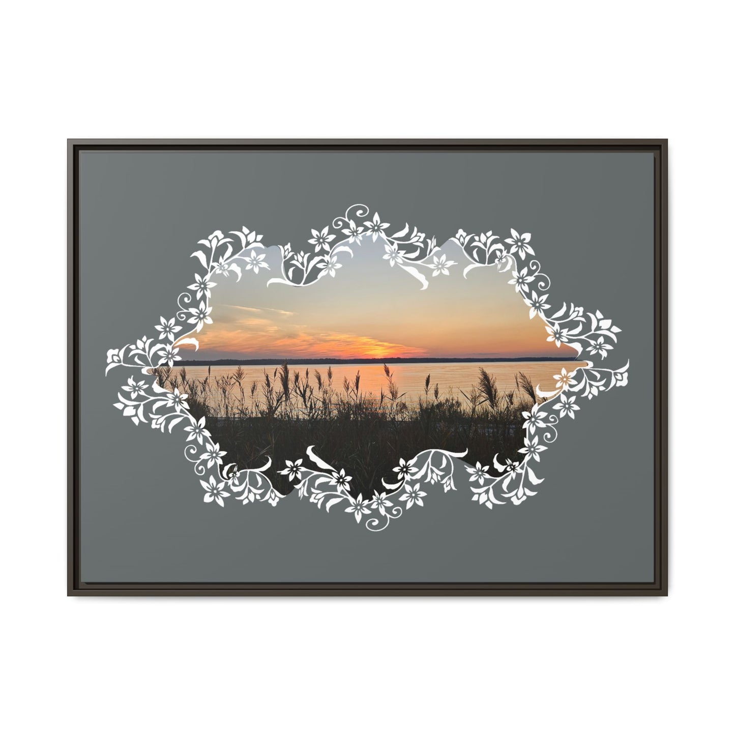 "Wild Youth" Framed Matte Canvas - Sunrise Marsh with Ornate White Floral Frame