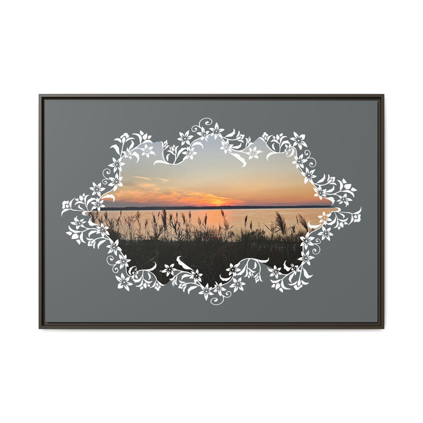 "Wild Youth" Framed Matte Canvas - Sunrise Marsh with Ornate White Floral Frame
