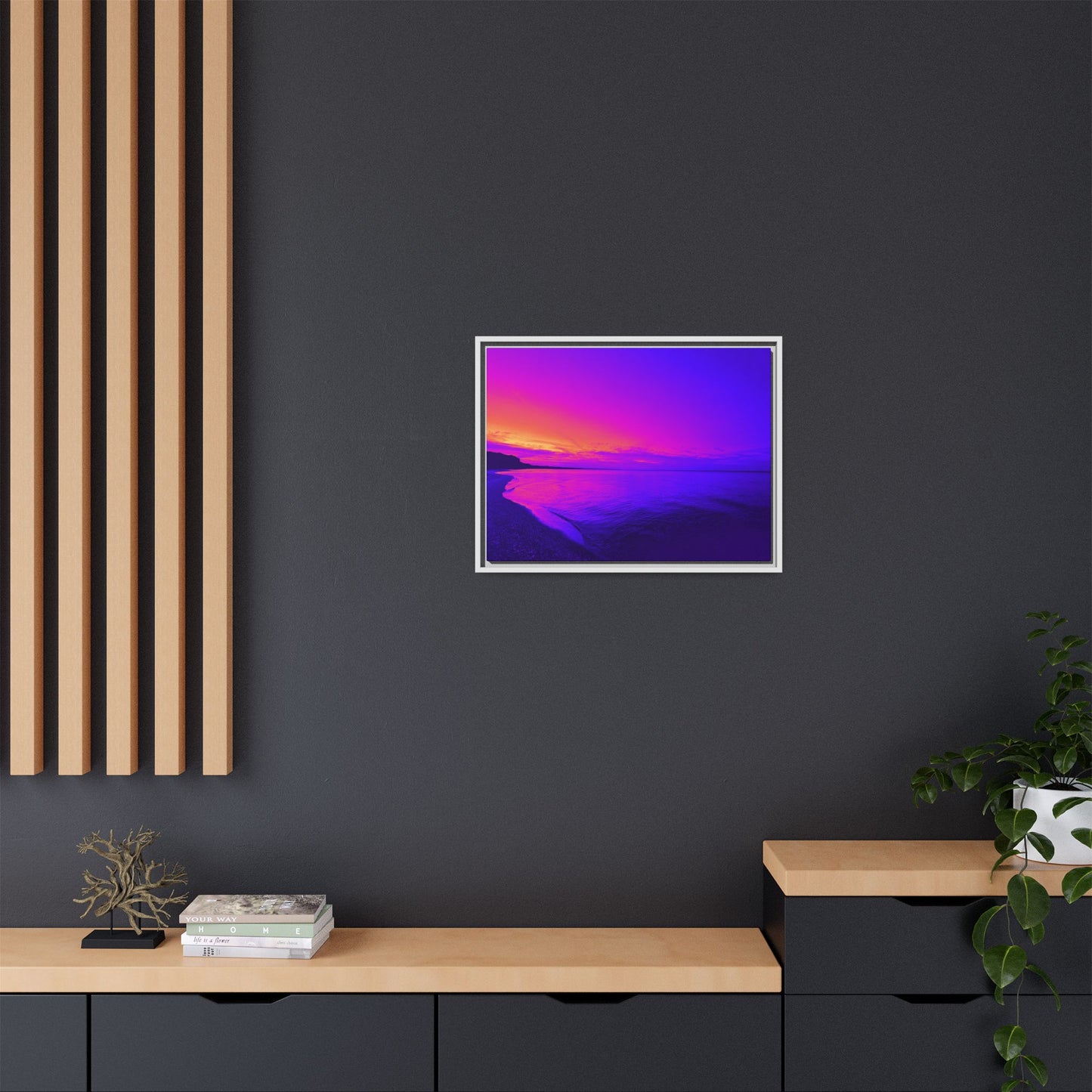 "Lavishing Symmetry" Sunset Shore Matte Canvas Framed Wall Art — Vibrant Purple & Pink Beach Landscape