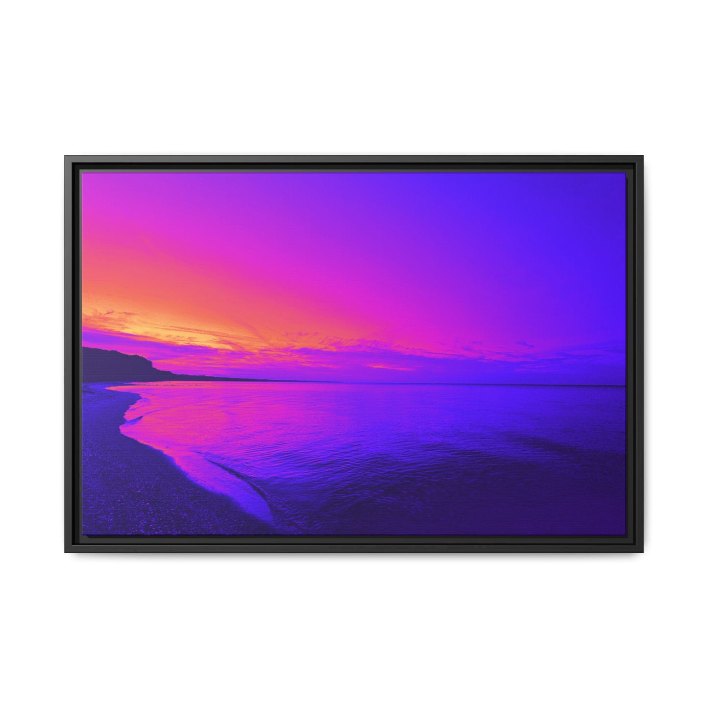 "Lavishing Symmetry" Sunset Shore Matte Canvas Framed Wall Art — Vibrant Purple & Pink Beach Landscape