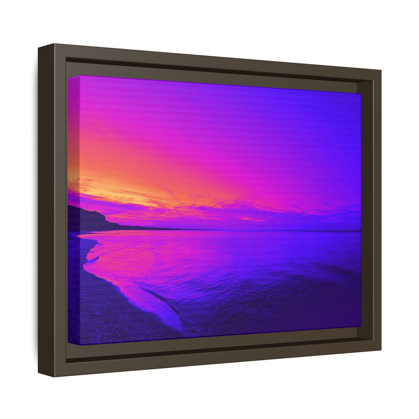 "Lavishing Symmetry" Sunset Shore Matte Canvas Framed Wall Art — Vibrant Purple & Pink Beach Landscape