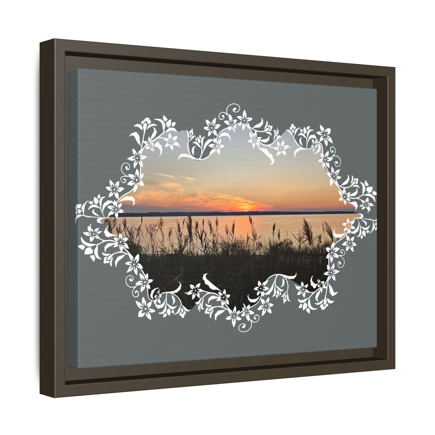 "Wild Youth" Framed Matte Canvas - Sunrise Marsh with Ornate White Floral Frame