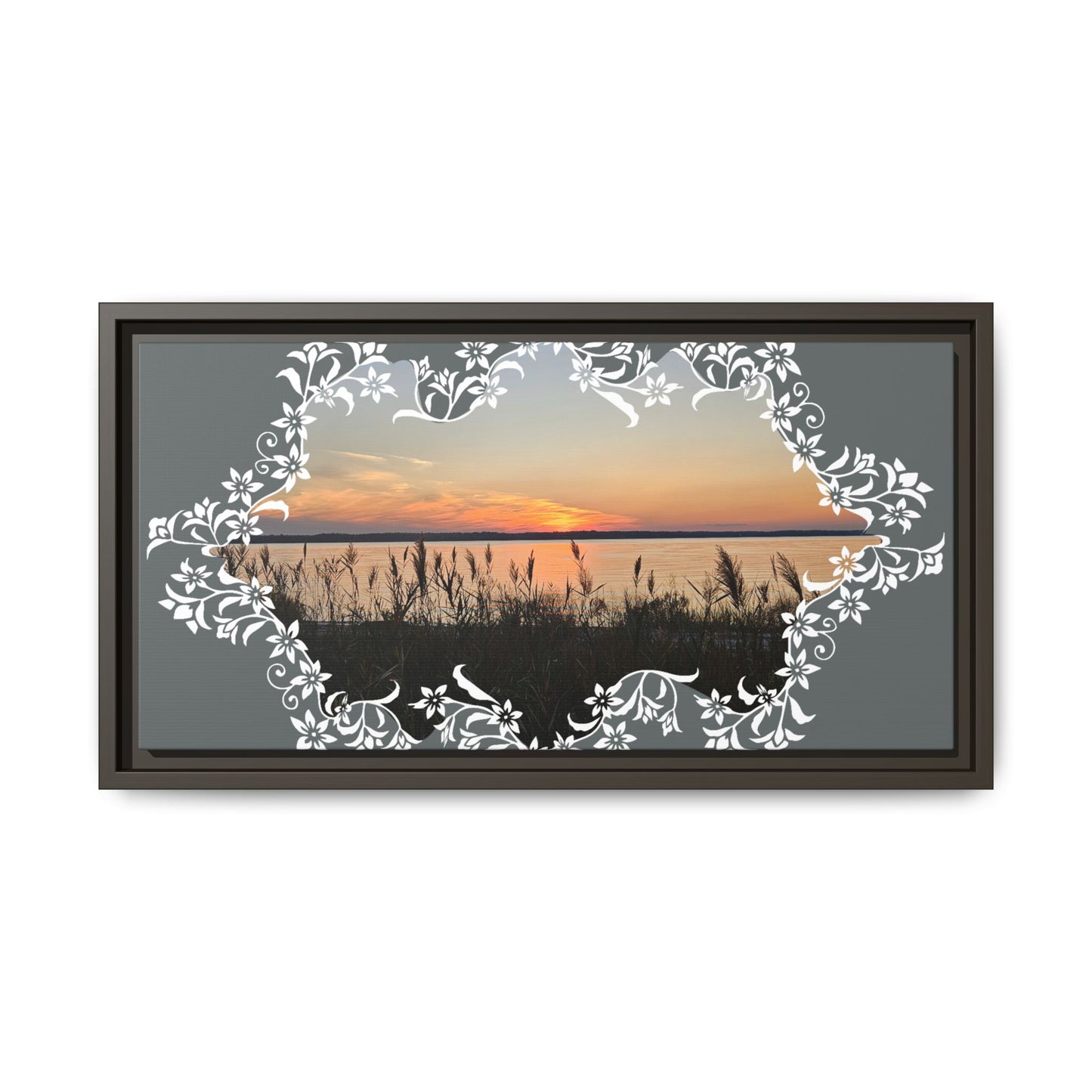 "Wild Youth" Framed Matte Canvas - Sunrise Marsh with Ornate White Floral Frame