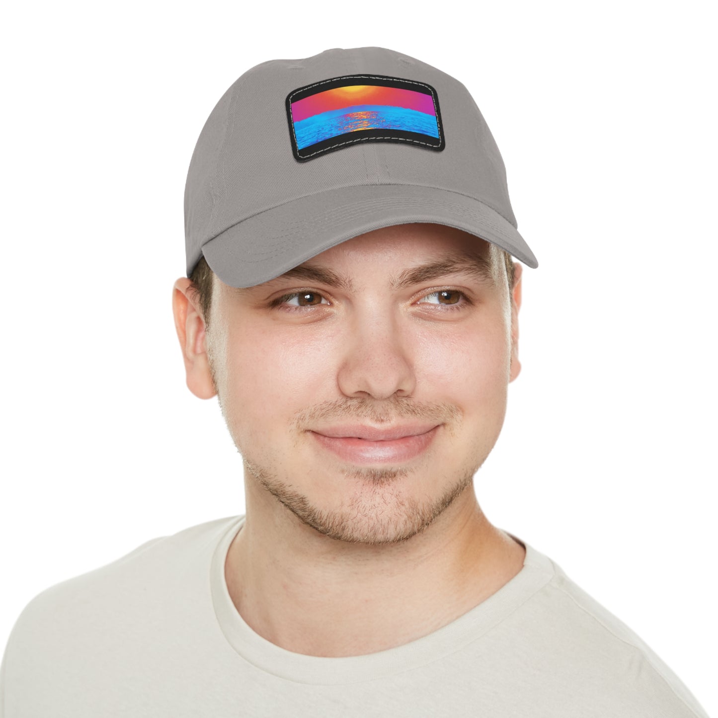 Sunset Ocean Leather Patch Dad Hat — Retro Vaporwave Beach Cap
