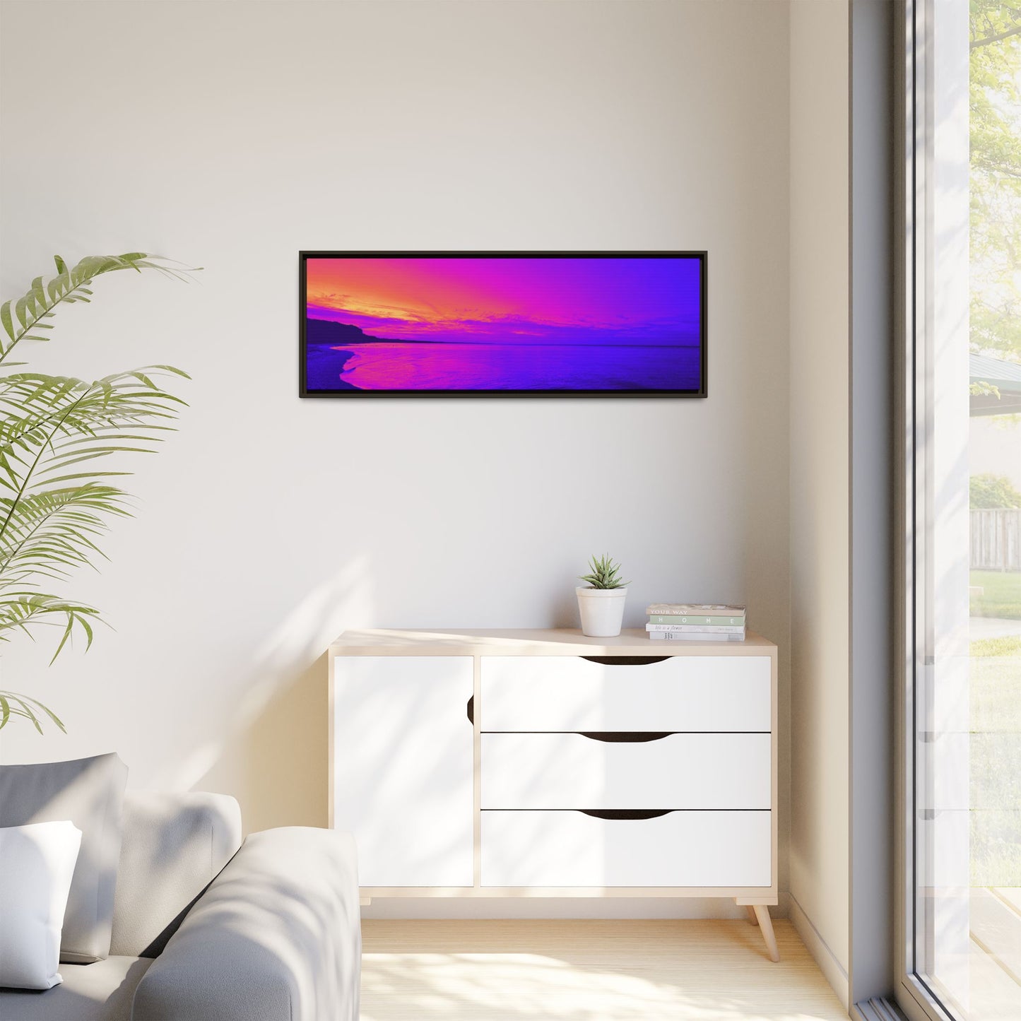 "Lavishing Symmetry" Sunset Shore Matte Canvas Framed Wall Art — Vibrant Purple & Pink Beach Landscape