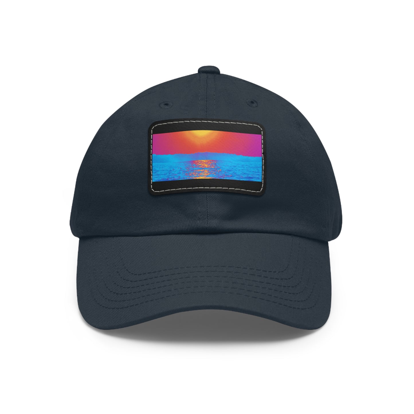 Sunset Ocean Leather Patch Dad Hat — Retro Vaporwave Beach Cap