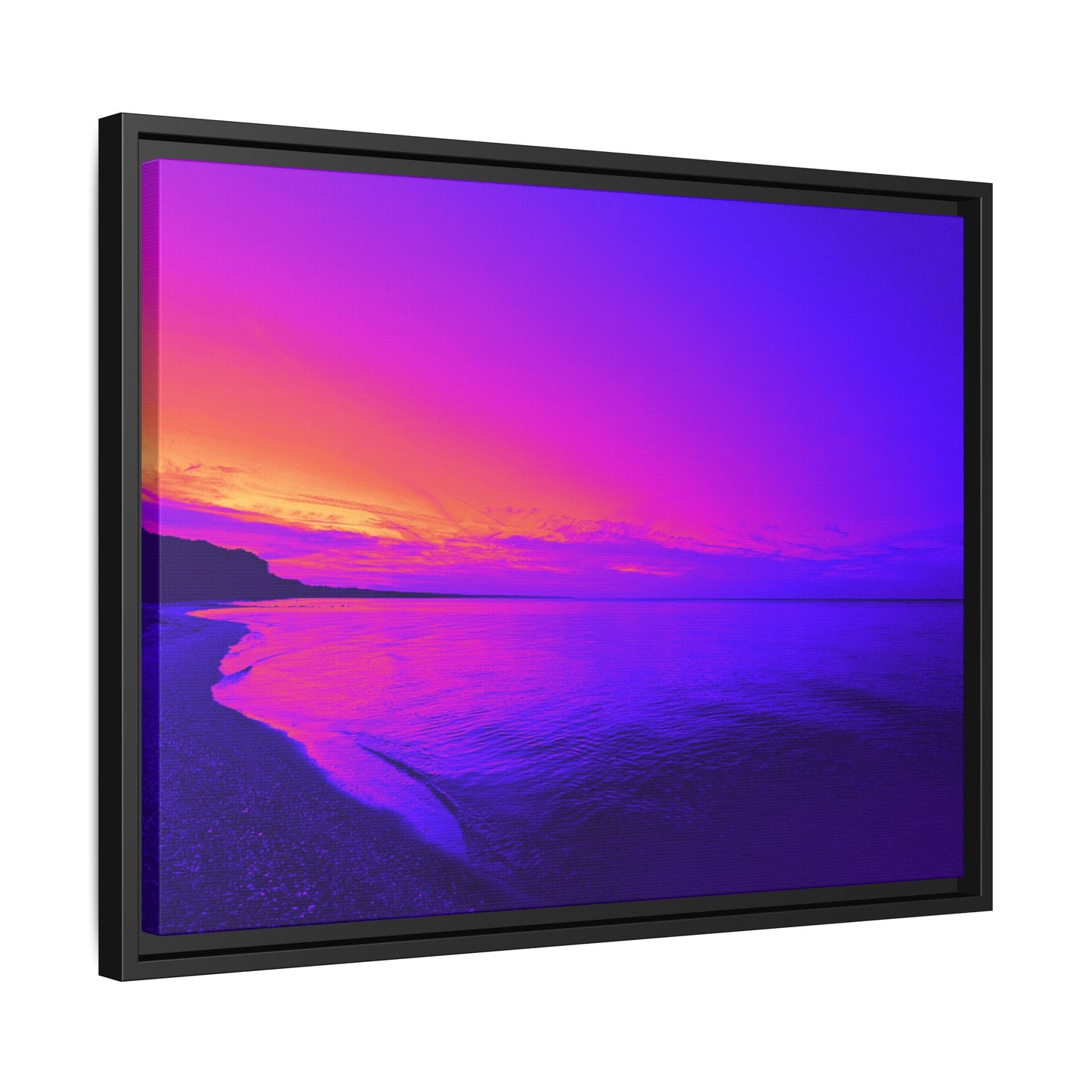"Lavishing Symmetry" Sunset Shore Matte Canvas Framed Wall Art — Vibrant Purple & Pink Beach Landscape