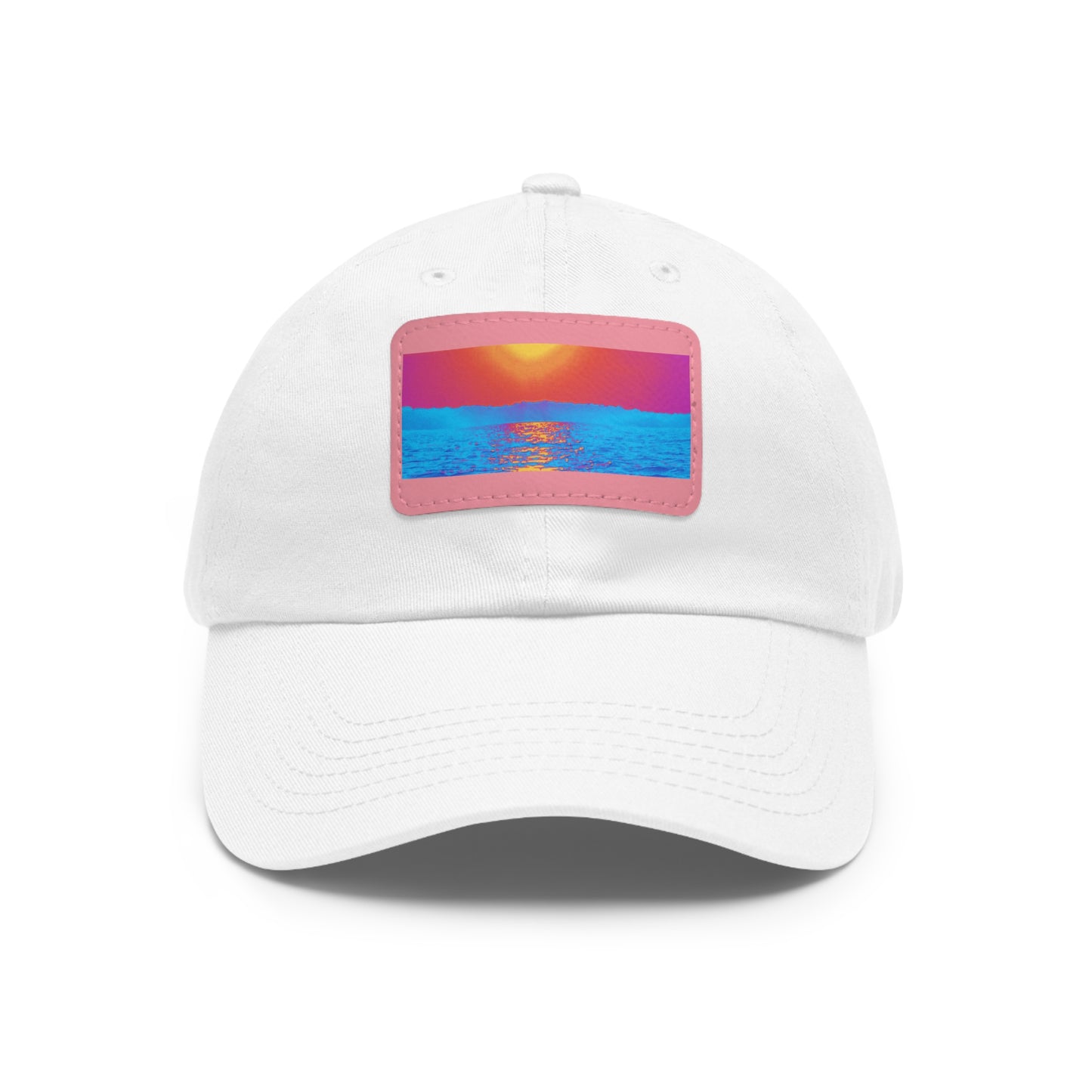 Sunset Ocean Leather Patch Dad Hat — Retro Vaporwave Beach Cap