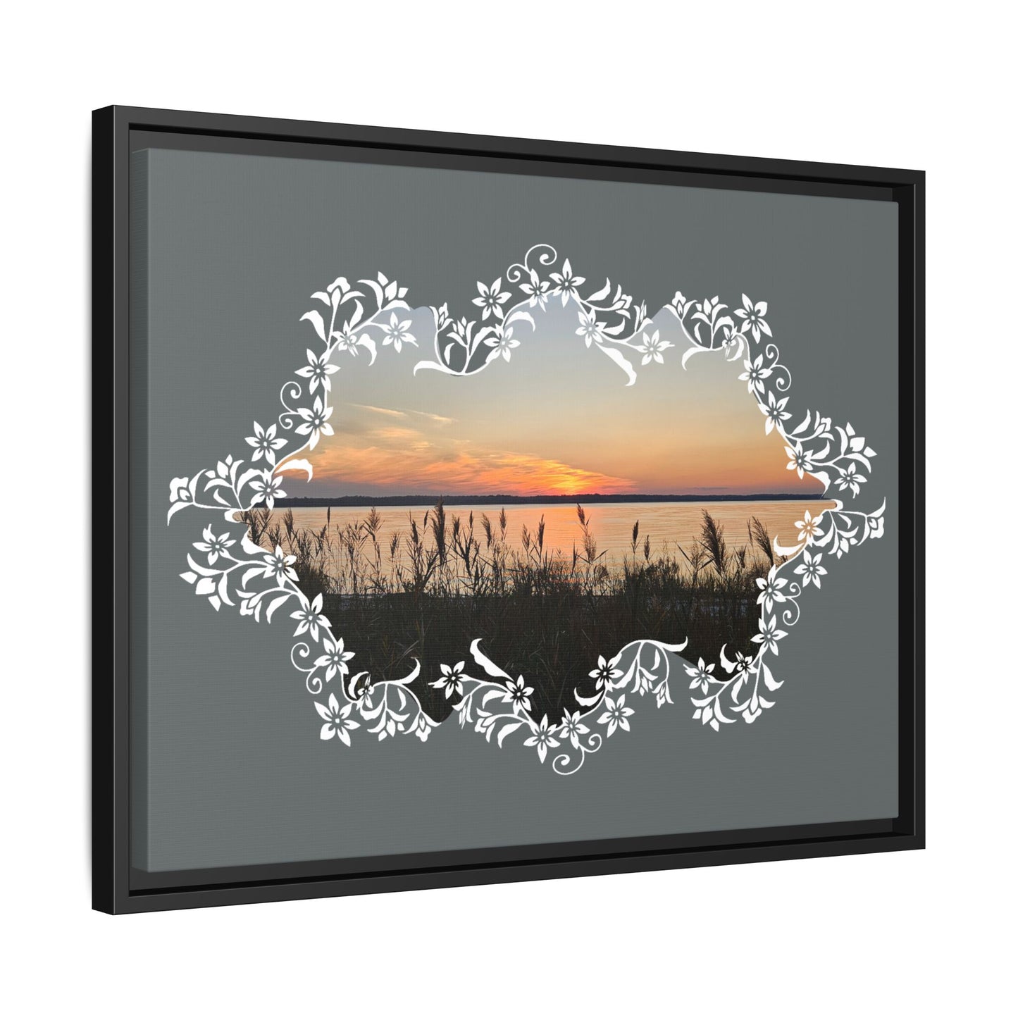 "Wild Youth" Framed Matte Canvas - Sunrise Marsh with Ornate White Floral Frame