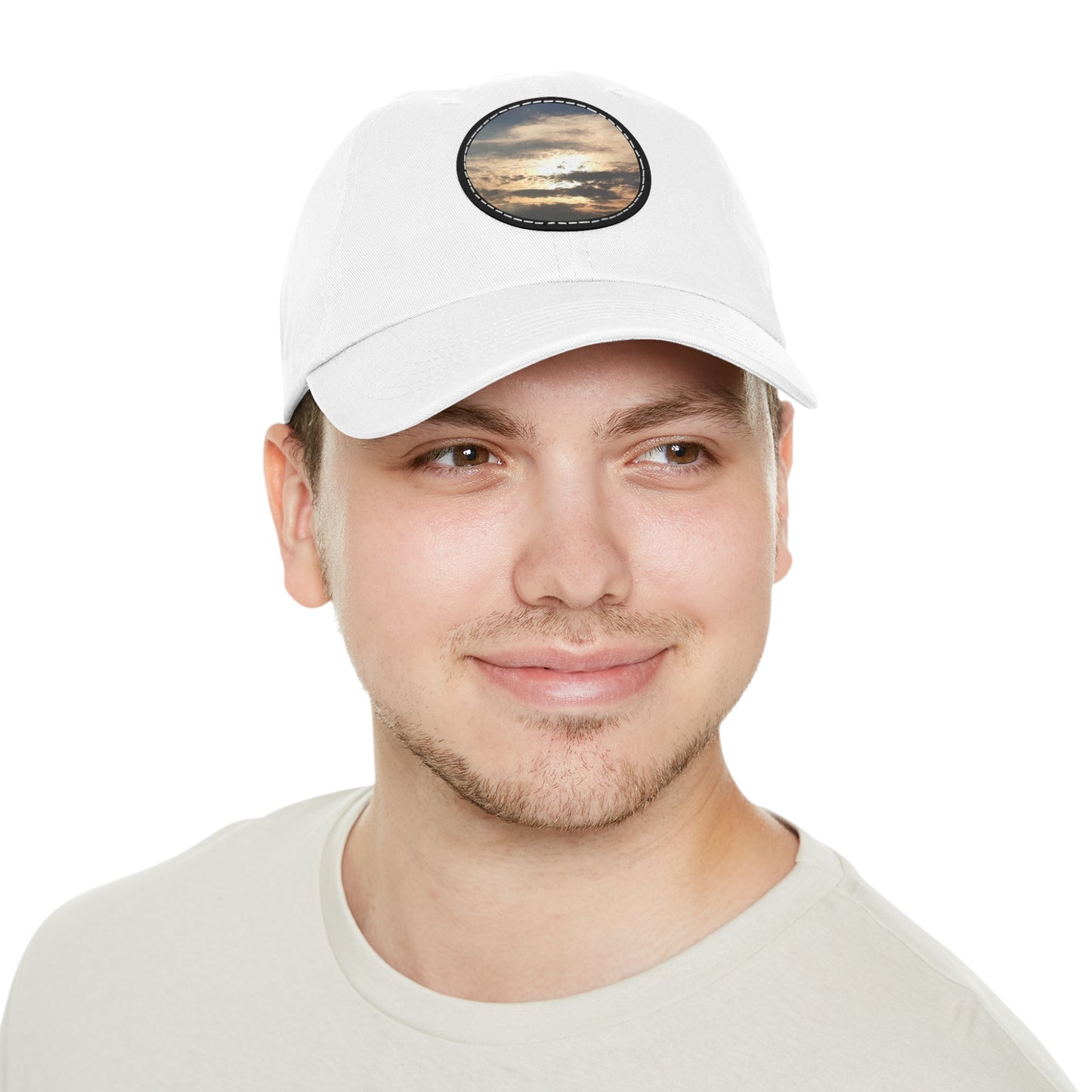 Round Leather Patch Dad Hat —"Sun Peaking Over the Clouds"-Patch Cap