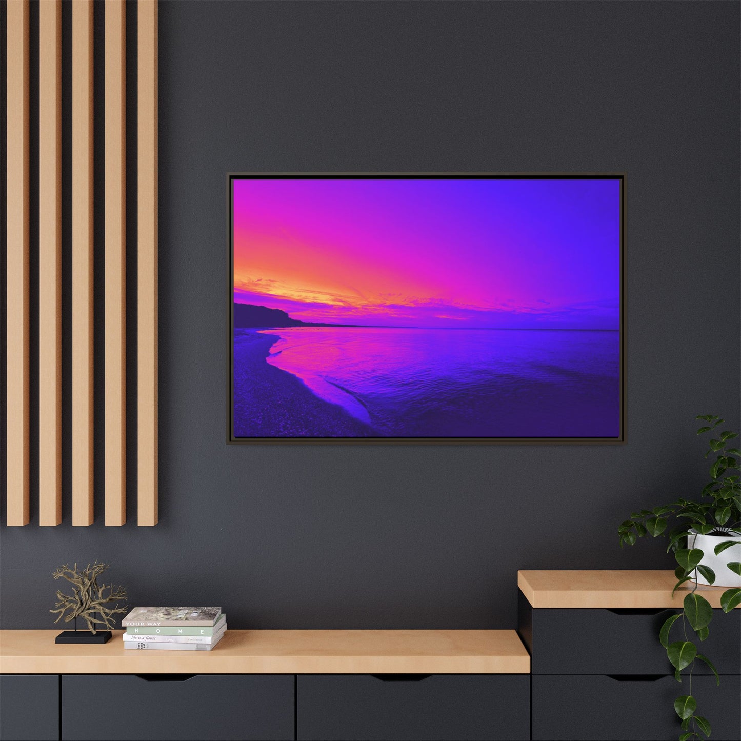 "Lavishing Symmetry" Sunset Shore Matte Canvas Framed Wall Art — Vibrant Purple & Pink Beach Landscape