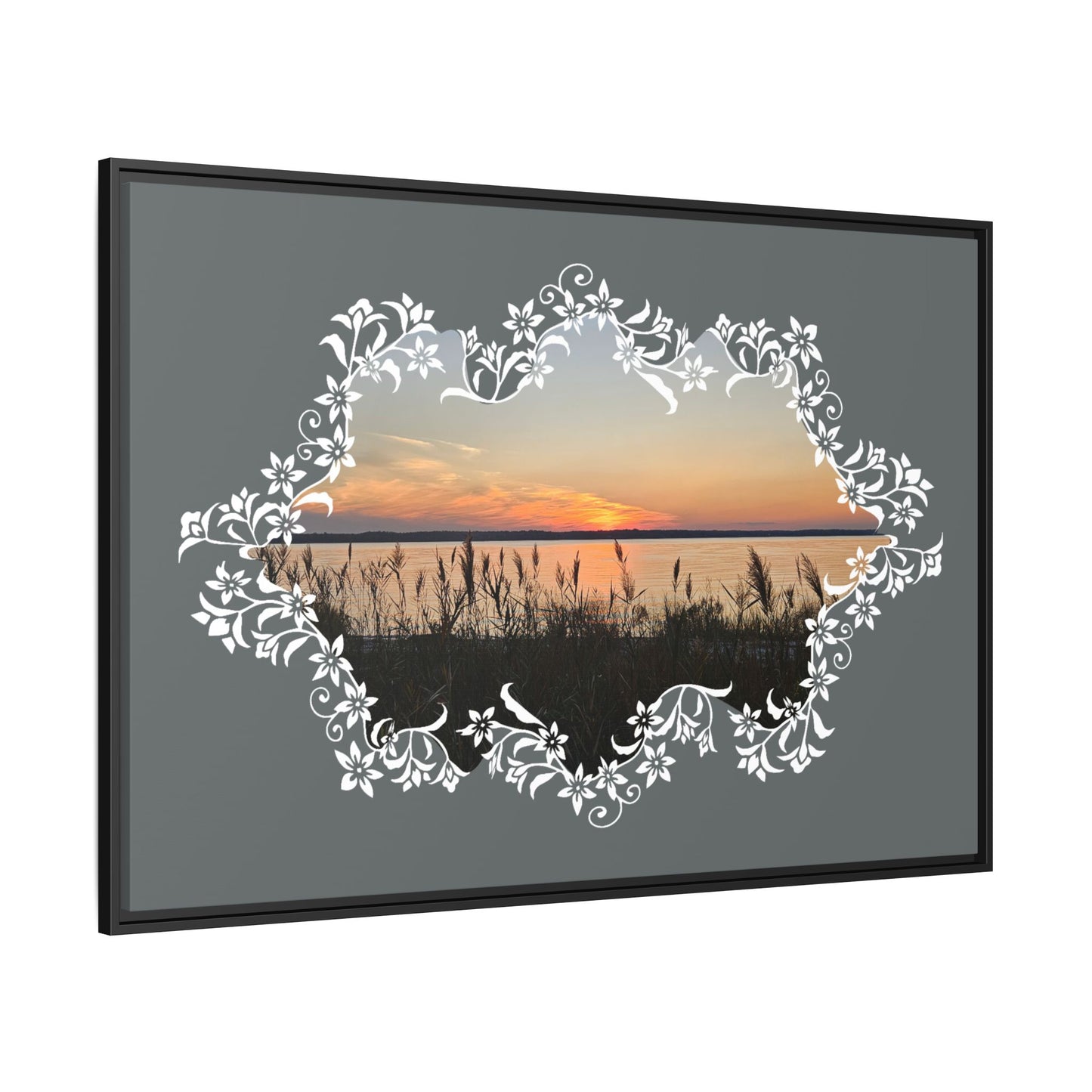 "Wild Youth" Framed Matte Canvas - Sunrise Marsh with Ornate White Floral Frame