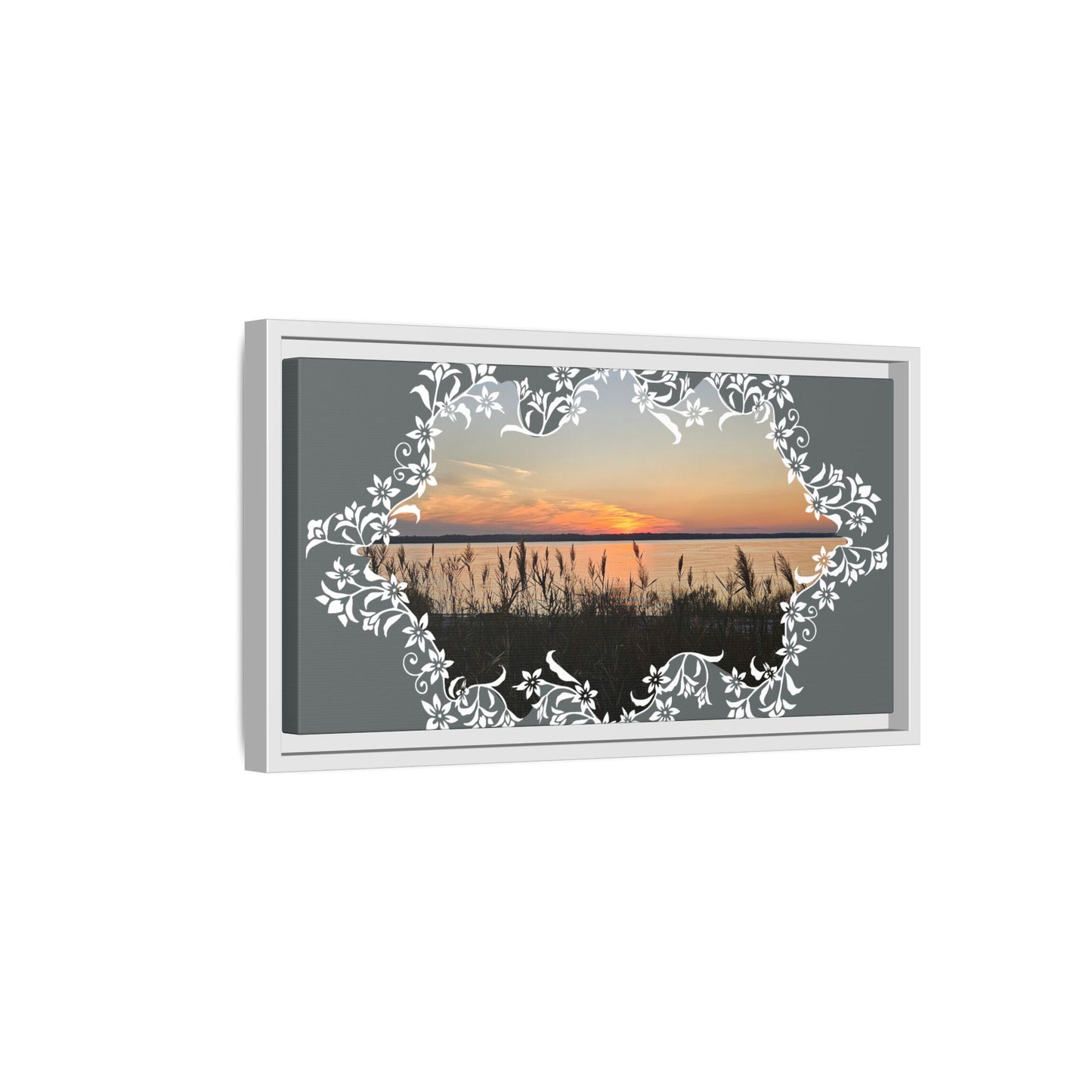 "Wild Youth" Framed Matte Canvas - Sunrise Marsh with Ornate White Floral Frame