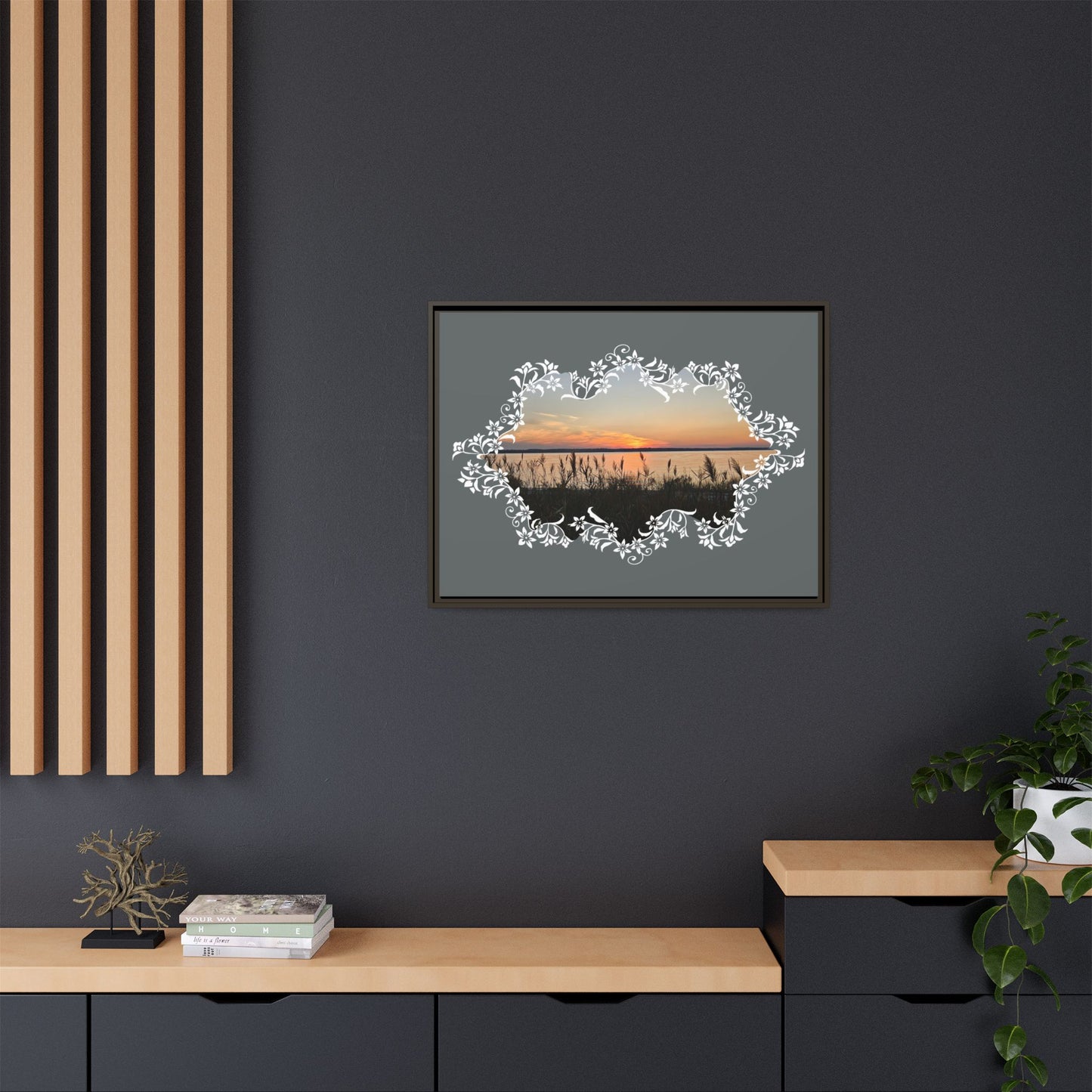 "Wild Youth" Framed Matte Canvas - Sunrise Marsh with Ornate White Floral Frame