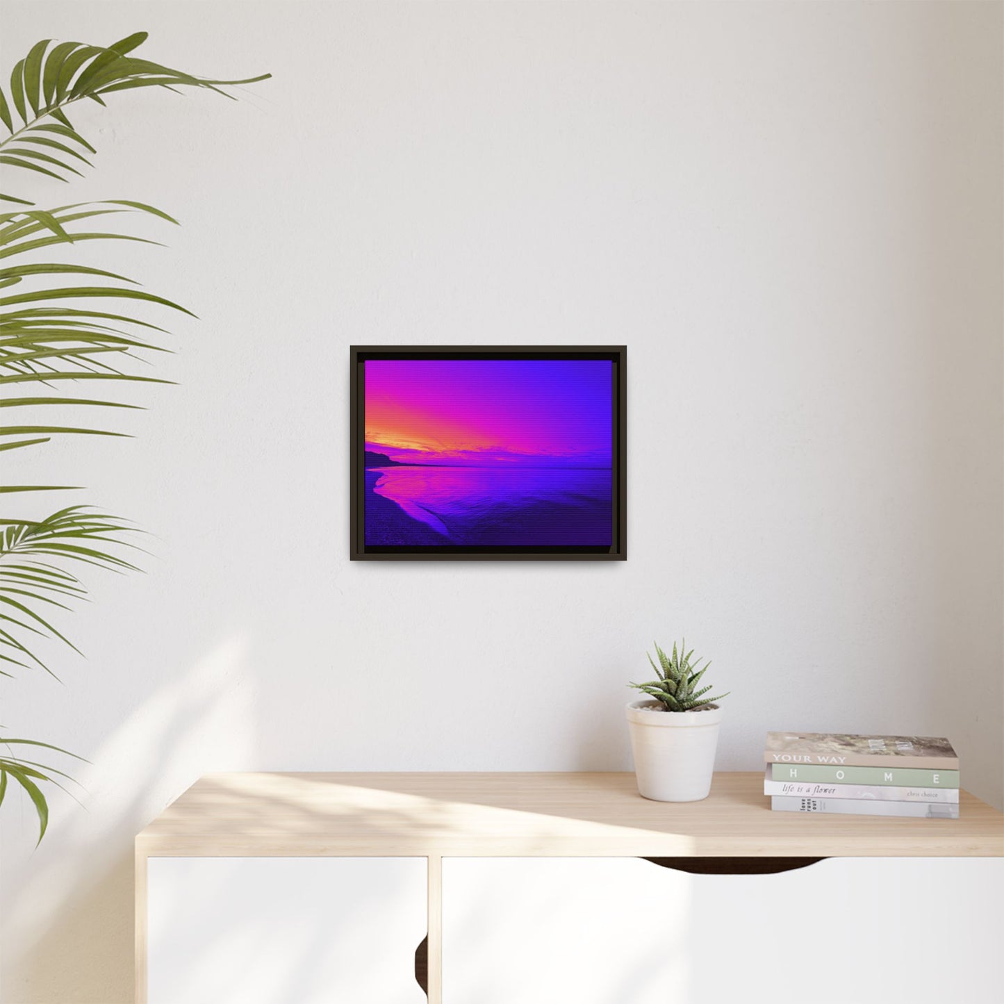 "Lavishing Symmetry" Sunset Shore Matte Canvas Framed Wall Art — Vibrant Purple & Pink Beach Landscape