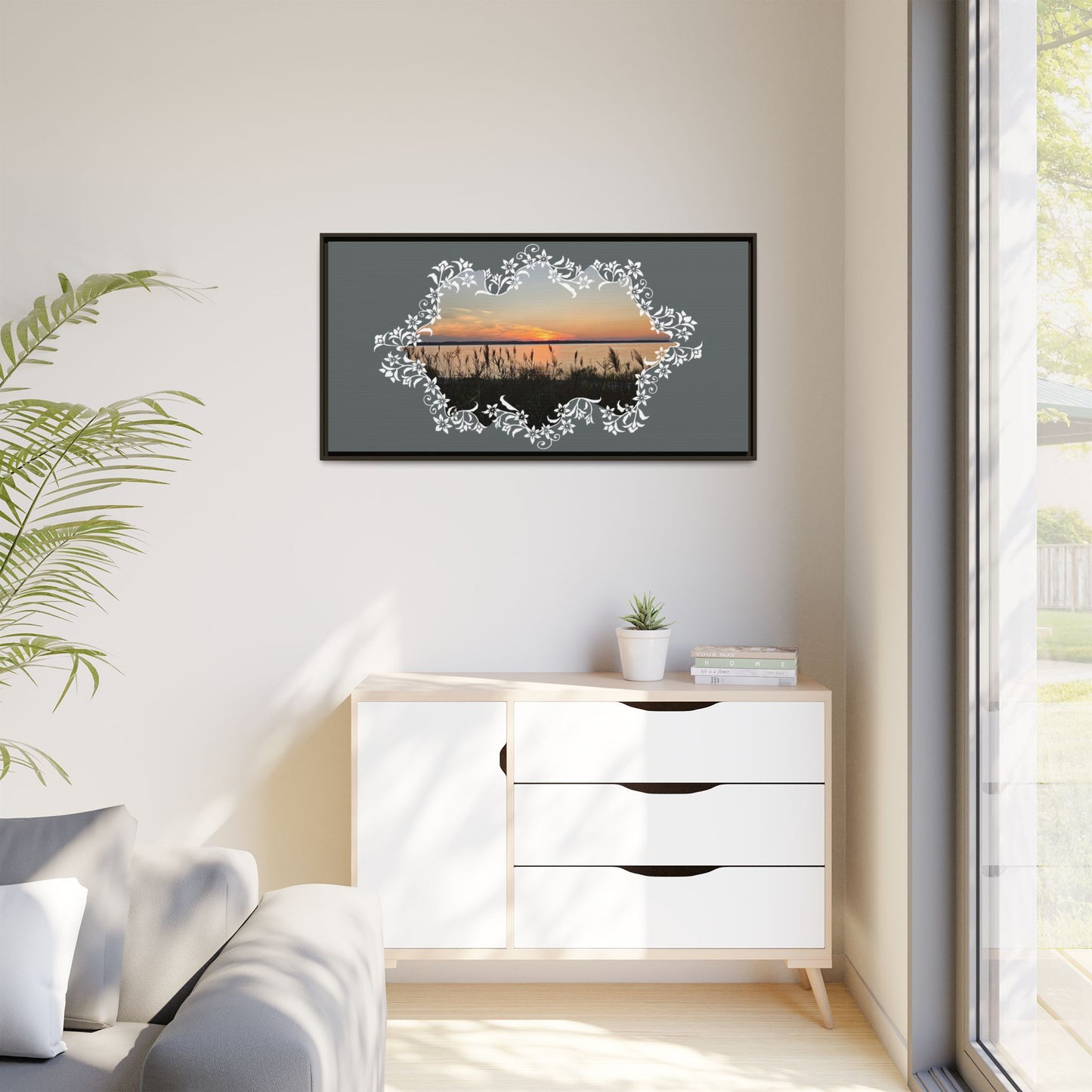 "Wild Youth" Framed Matte Canvas - Sunrise Marsh with Ornate White Floral Frame