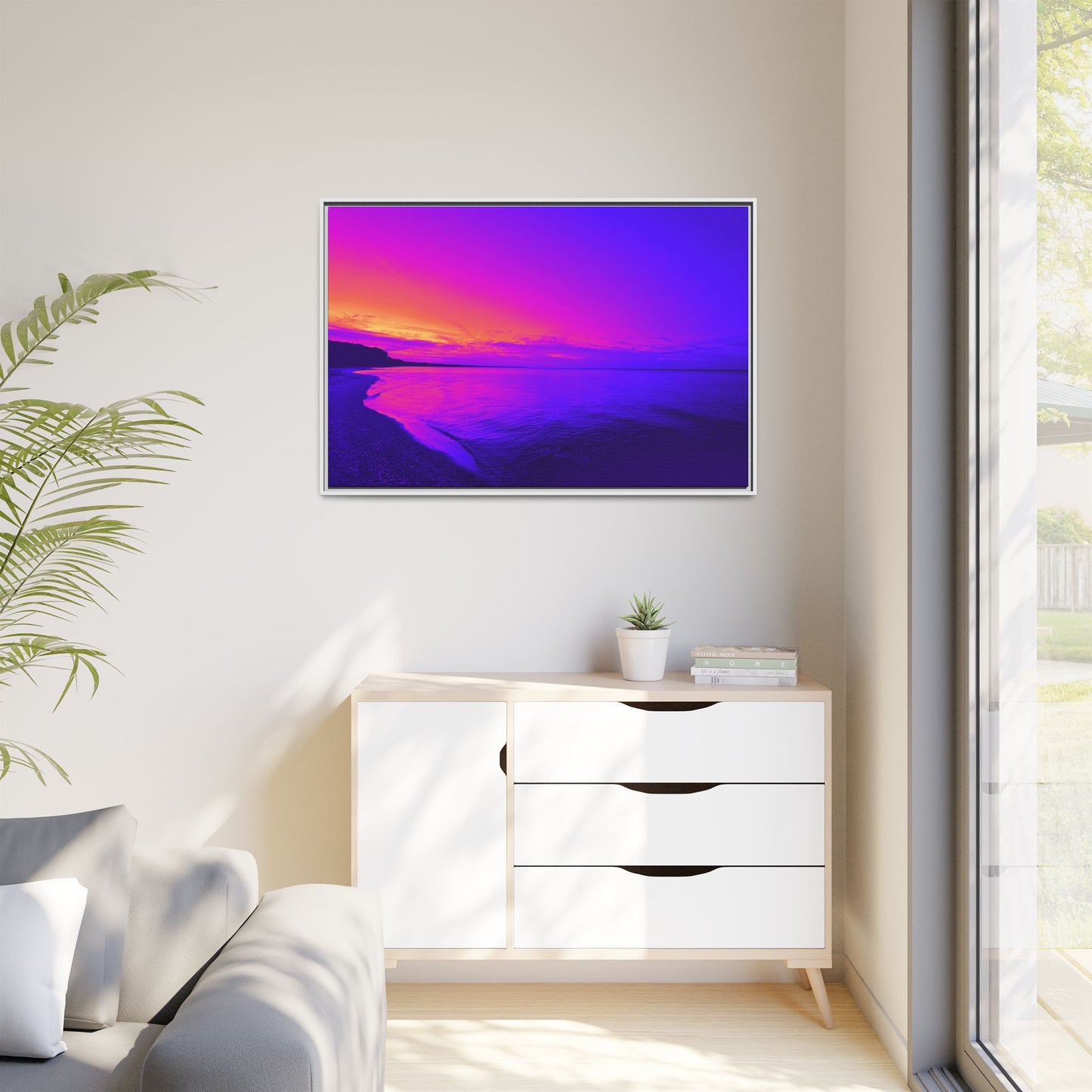 "Lavishing Symmetry" Sunset Shore Matte Canvas Framed Wall Art — Vibrant Purple & Pink Beach Landscape