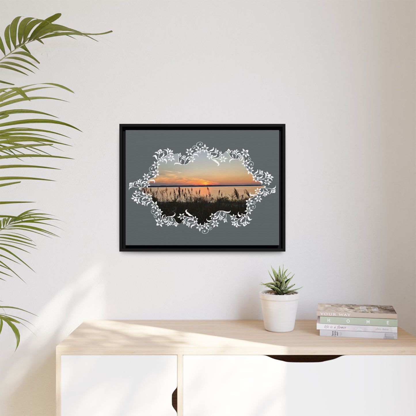 "Wild Youth" Framed Matte Canvas - Sunrise Marsh with Ornate White Floral Frame