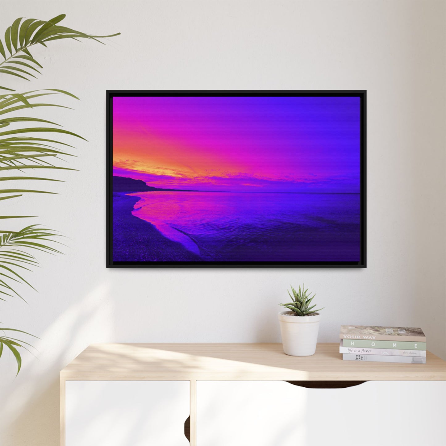 "Lavishing Symmetry" Sunset Shore Matte Canvas Framed Wall Art — Vibrant Purple & Pink Beach Landscape