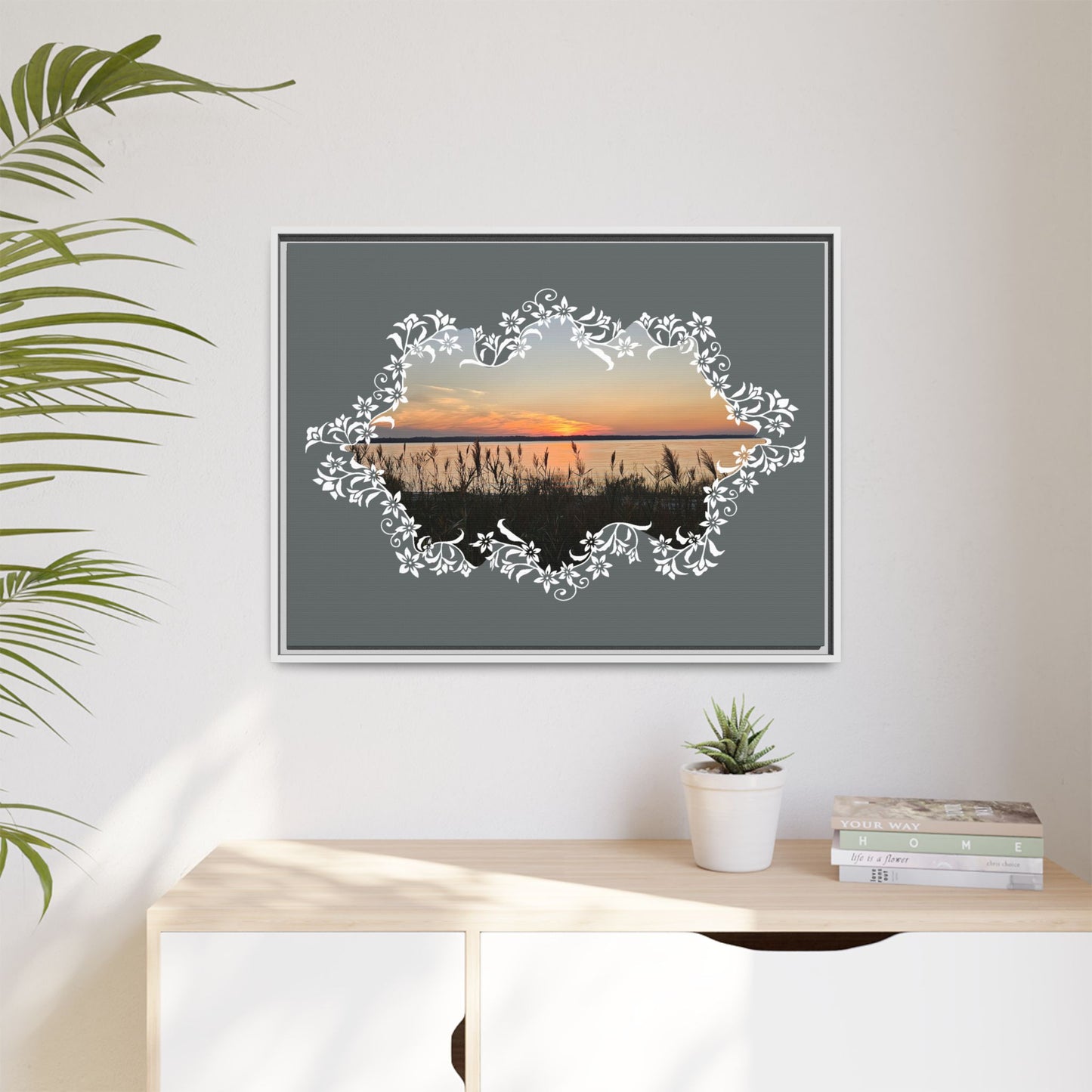 "Wild Youth" Framed Matte Canvas - Sunrise Marsh with Ornate White Floral Frame