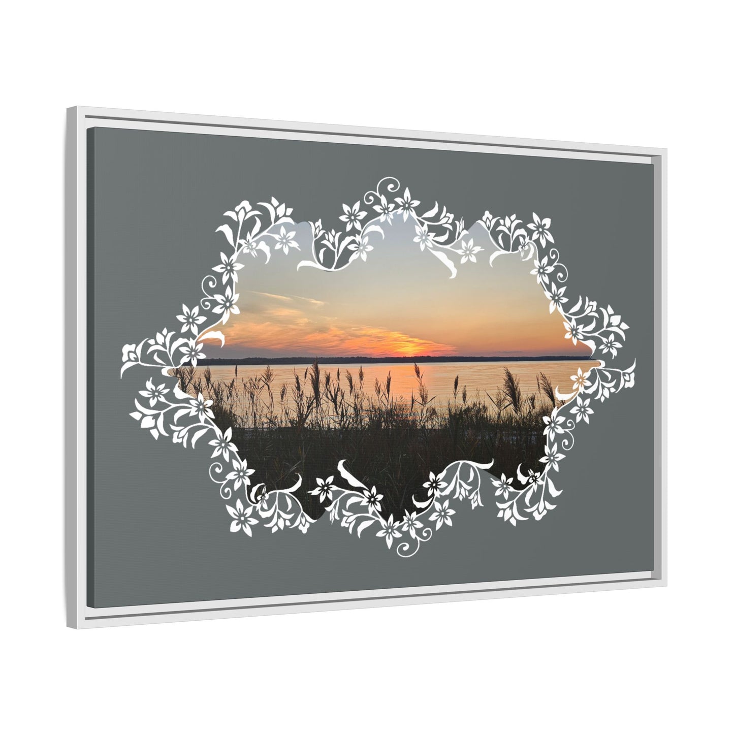 "Wild Youth" Framed Matte Canvas - Sunrise Marsh with Ornate White Floral Frame