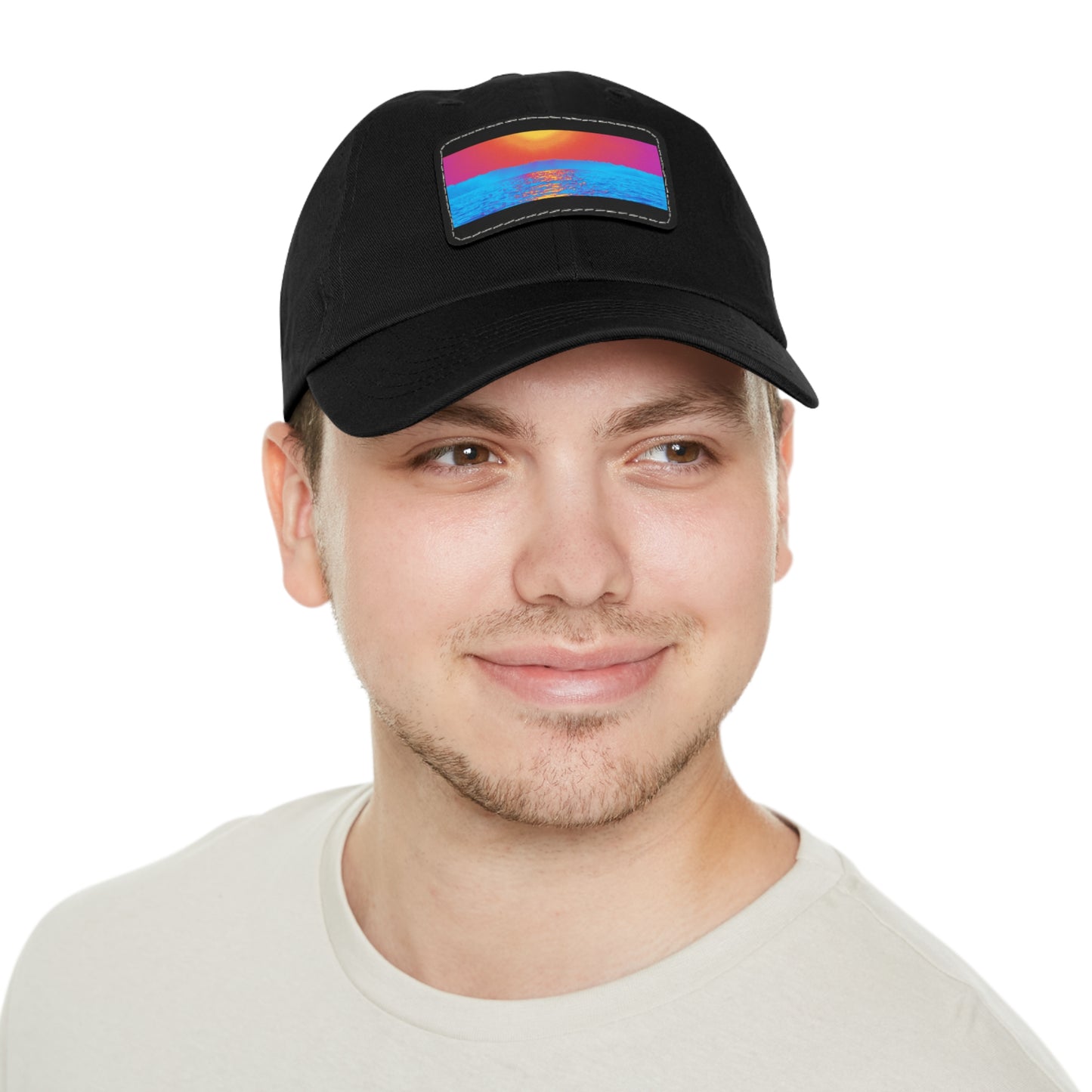 Sunset Ocean Leather Patch Dad Hat — Retro Vaporwave Beach Cap