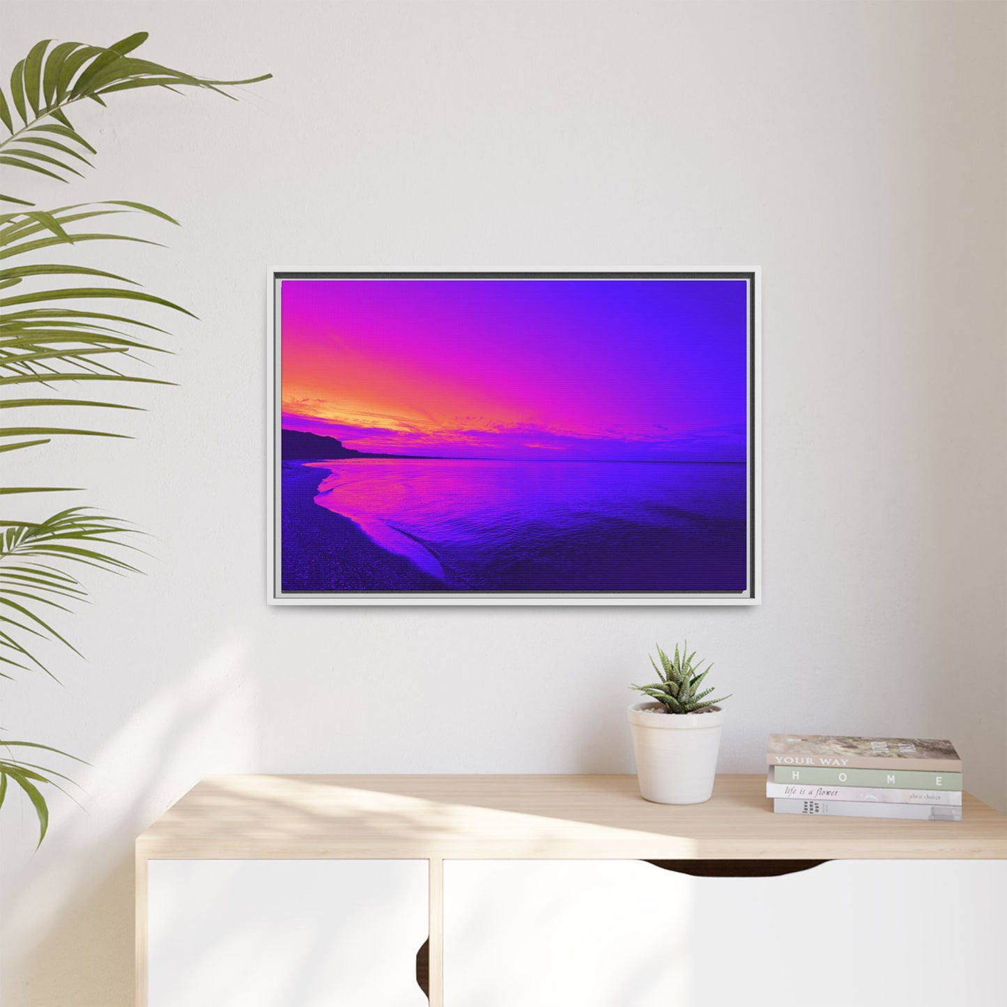 "Lavishing Symmetry" Sunset Shore Matte Canvas Framed Wall Art — Vibrant Purple & Pink Beach Landscape