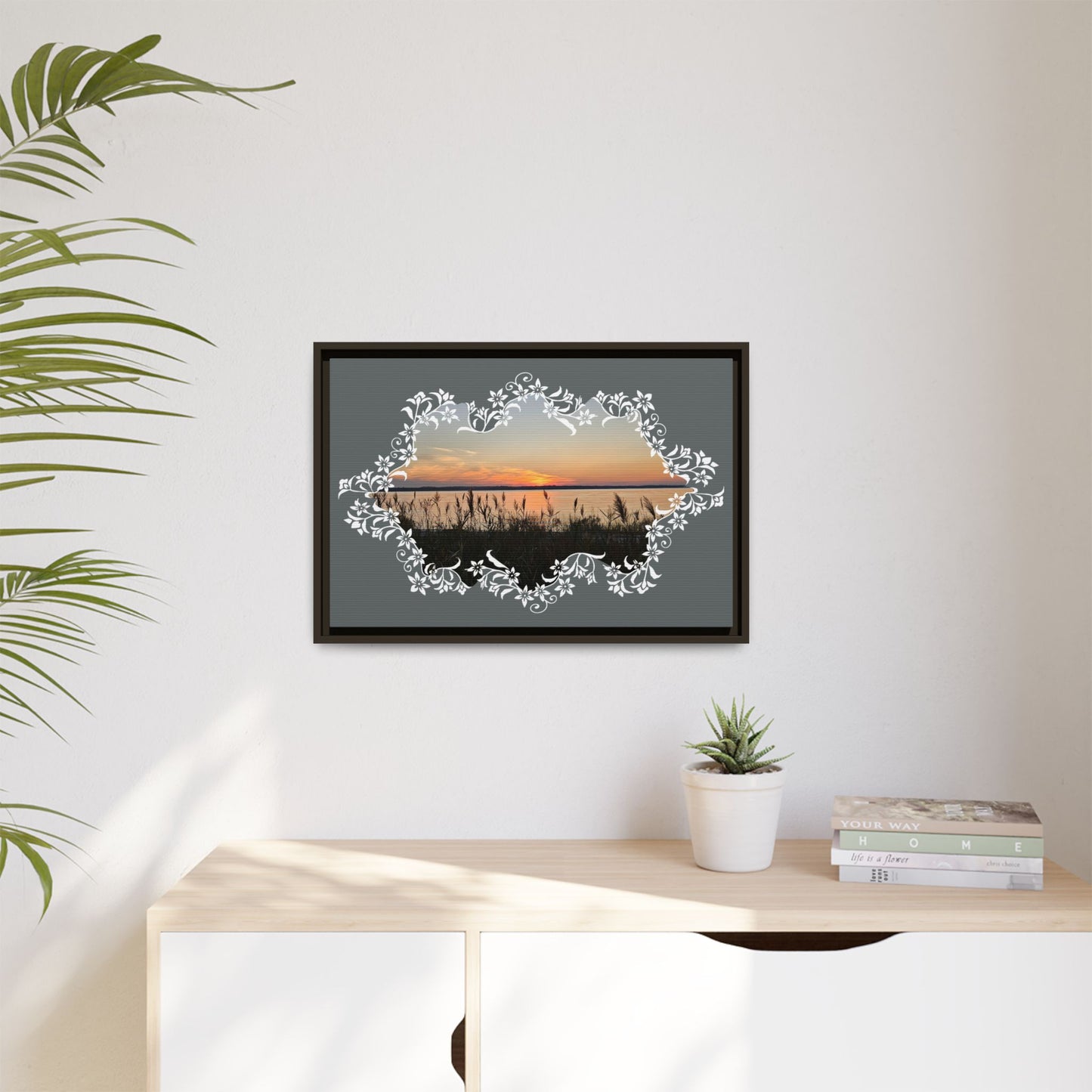 "Wild Youth" Framed Matte Canvas - Sunrise Marsh with Ornate White Floral Frame