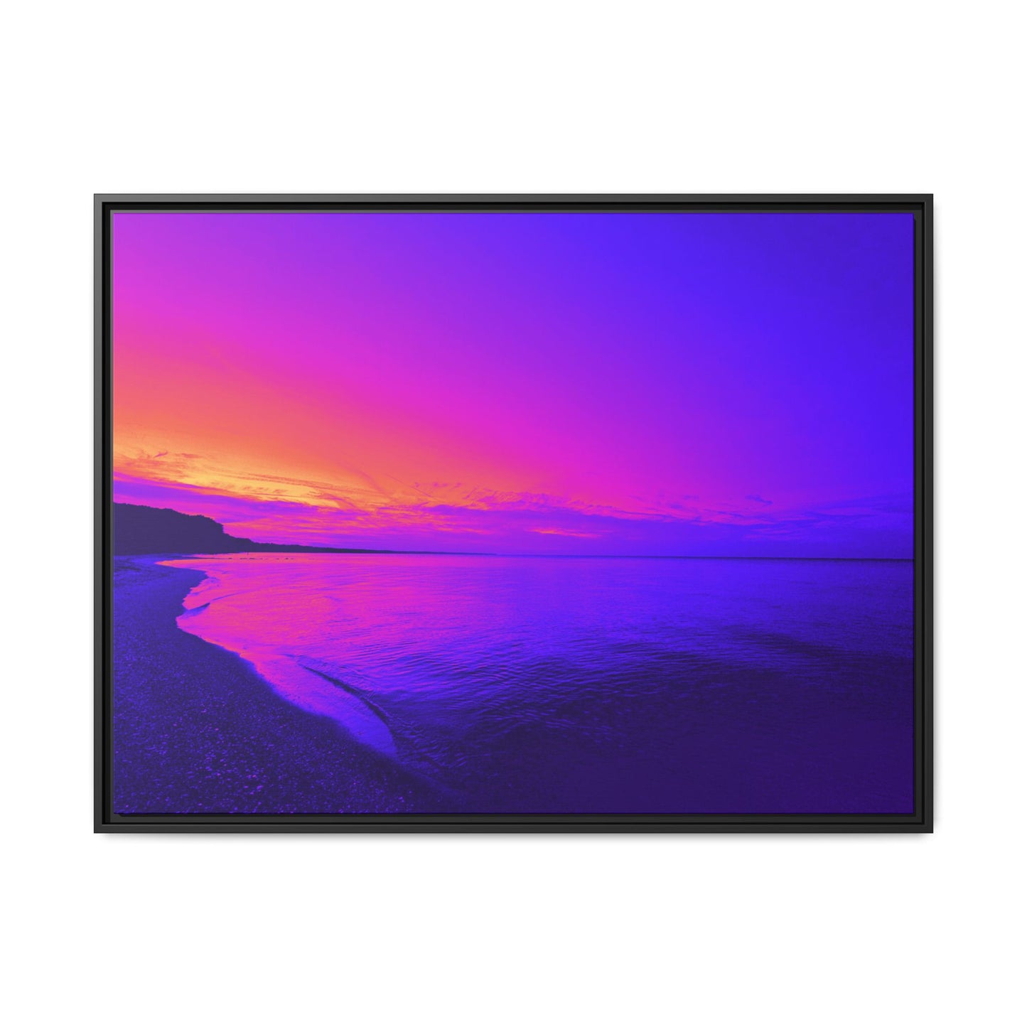 "Lavishing Symmetry" Sunset Shore Matte Canvas Framed Wall Art — Vibrant Purple & Pink Beach Landscape