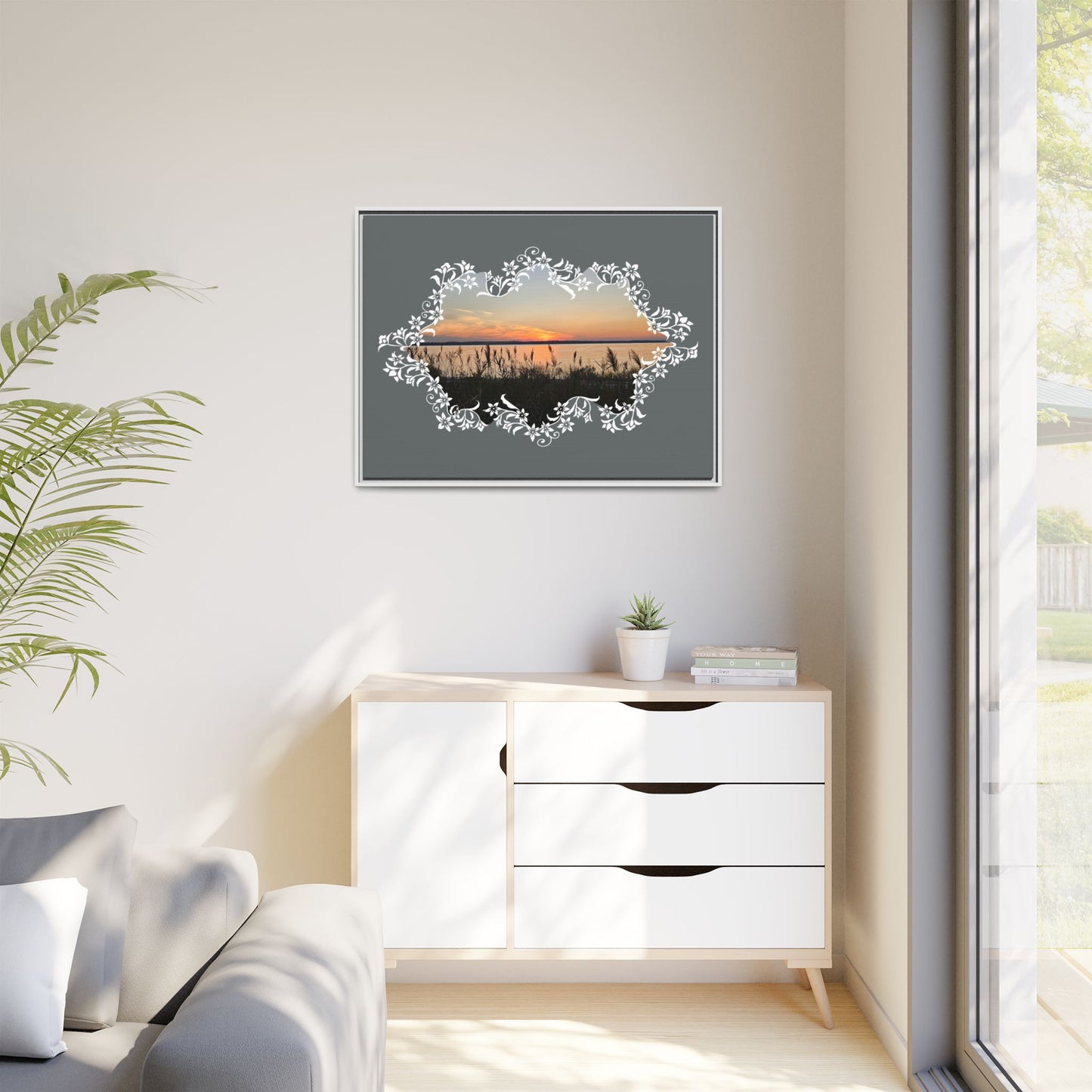 "Wild Youth" Framed Matte Canvas - Sunrise Marsh with Ornate White Floral Frame