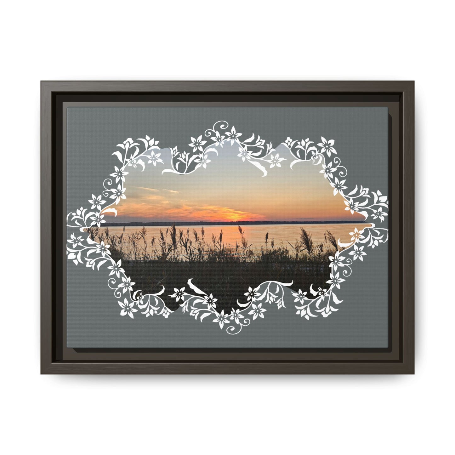 "Wild Youth" Framed Matte Canvas - Sunrise Marsh with Ornate White Floral Frame