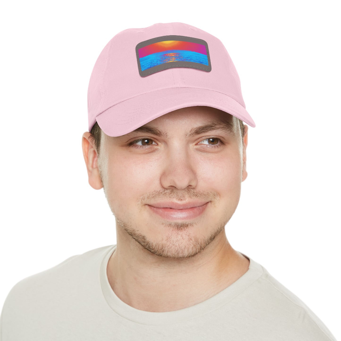 Sunset Ocean Leather Patch Dad Hat — Retro Vaporwave Beach Cap