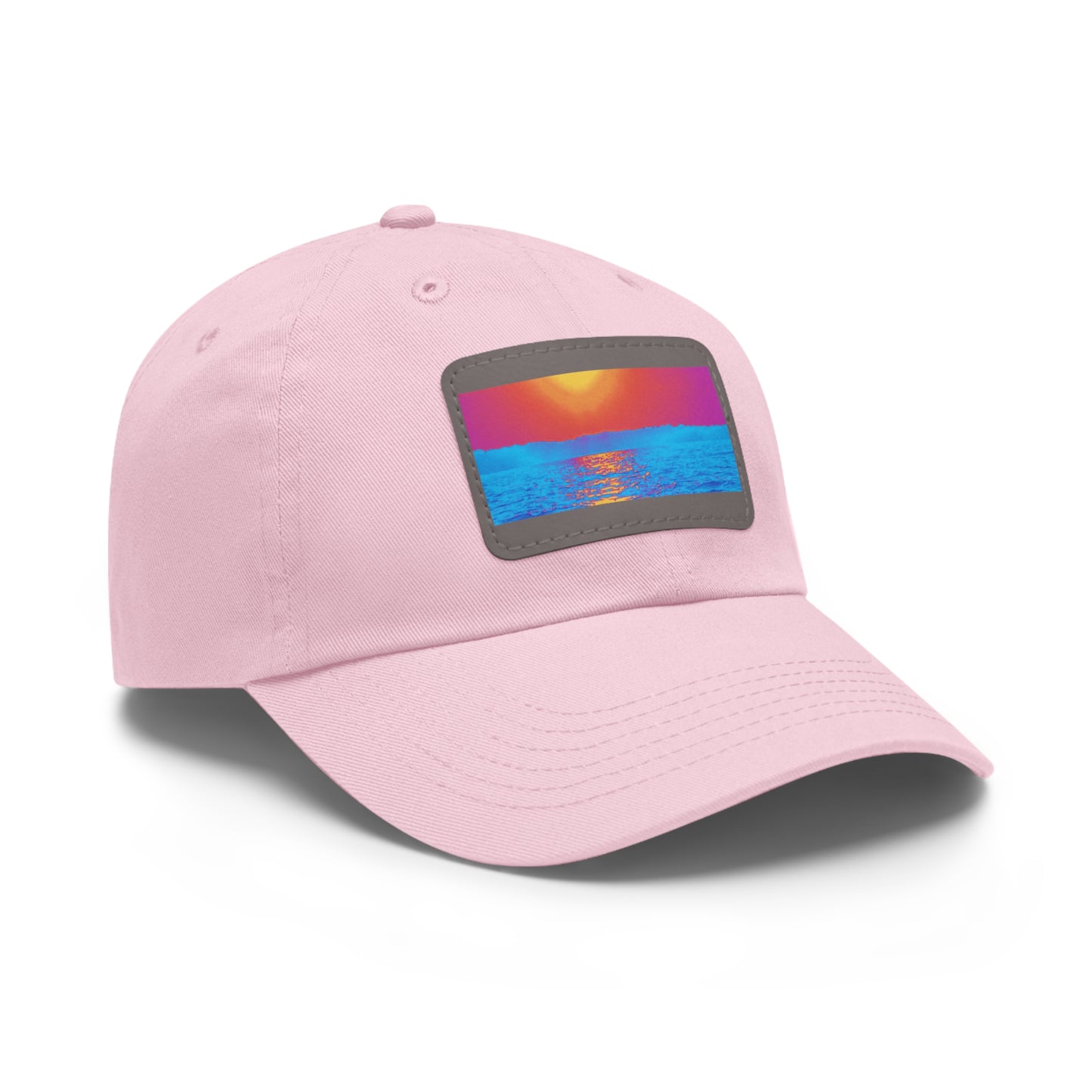 Sunset Ocean Leather Patch Dad Hat — Retro Vaporwave Beach Cap
