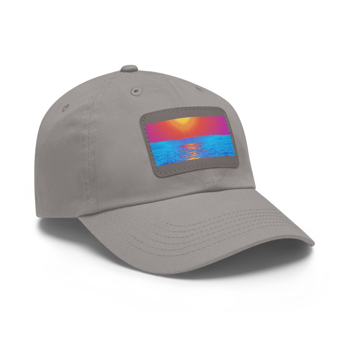 Sunset Ocean Leather Patch Dad Hat — Retro Vaporwave Beach Cap