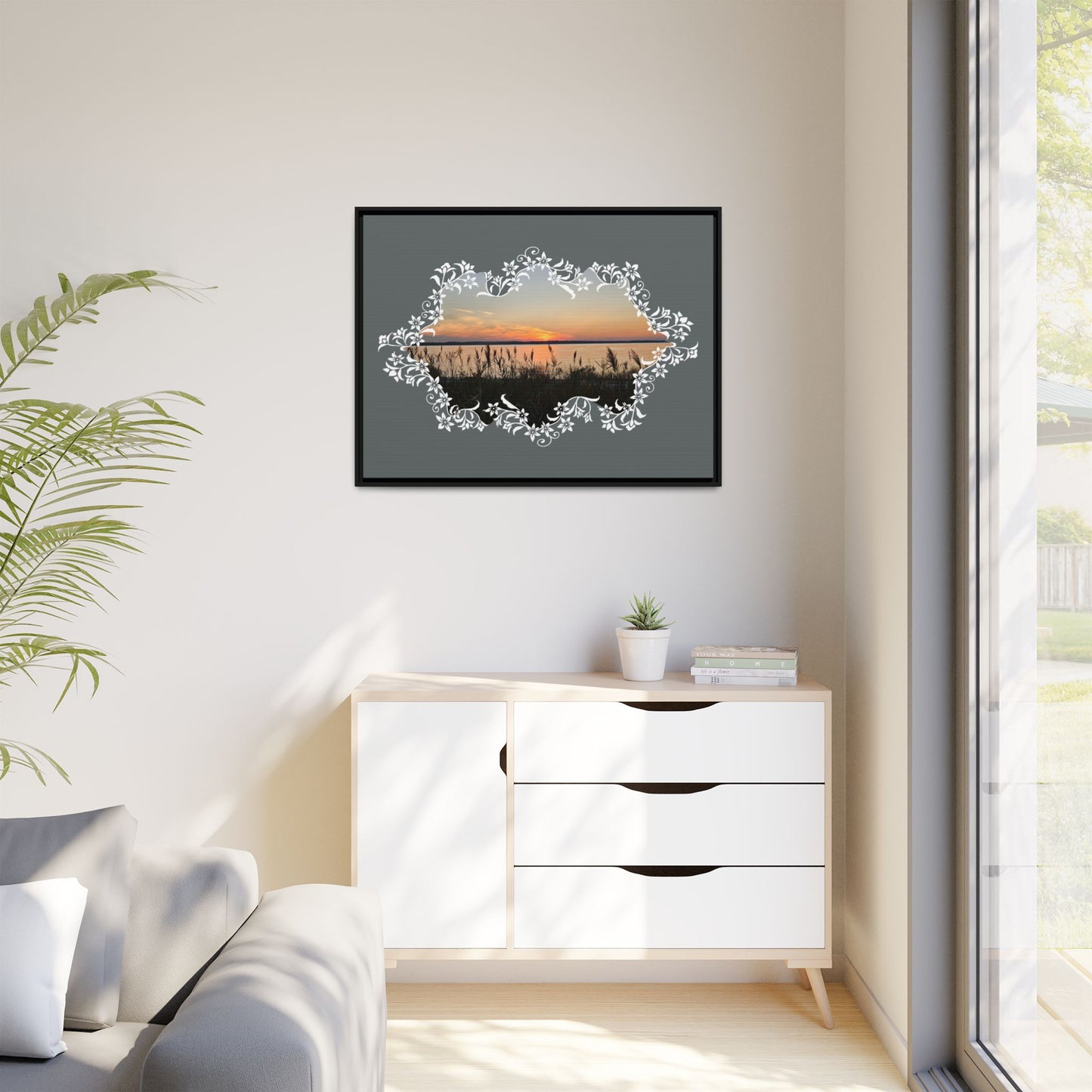 "Wild Youth" Framed Matte Canvas - Sunrise Marsh with Ornate White Floral Frame