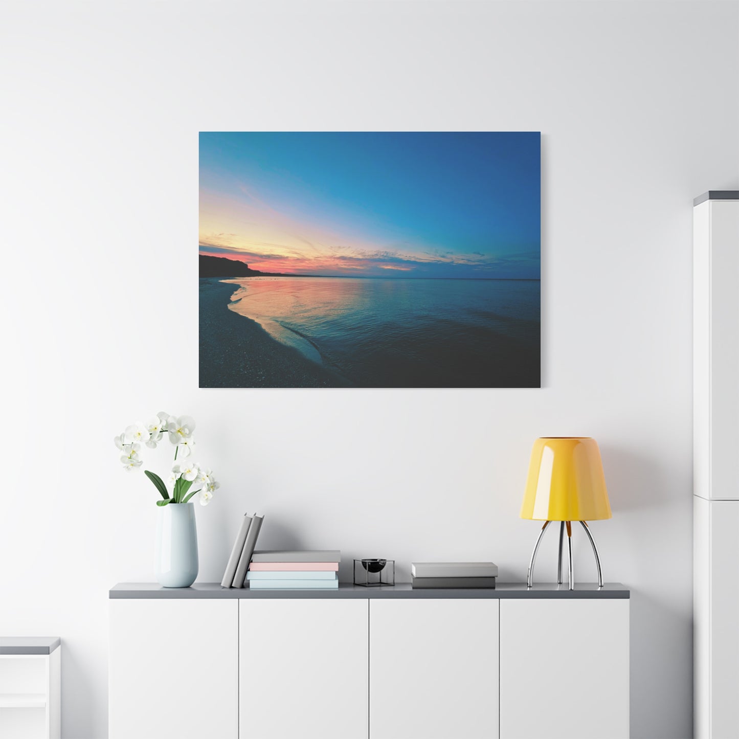 "Blue Symmetry" Sunset Beach Matte Canvas Print — Stretched Wall Art