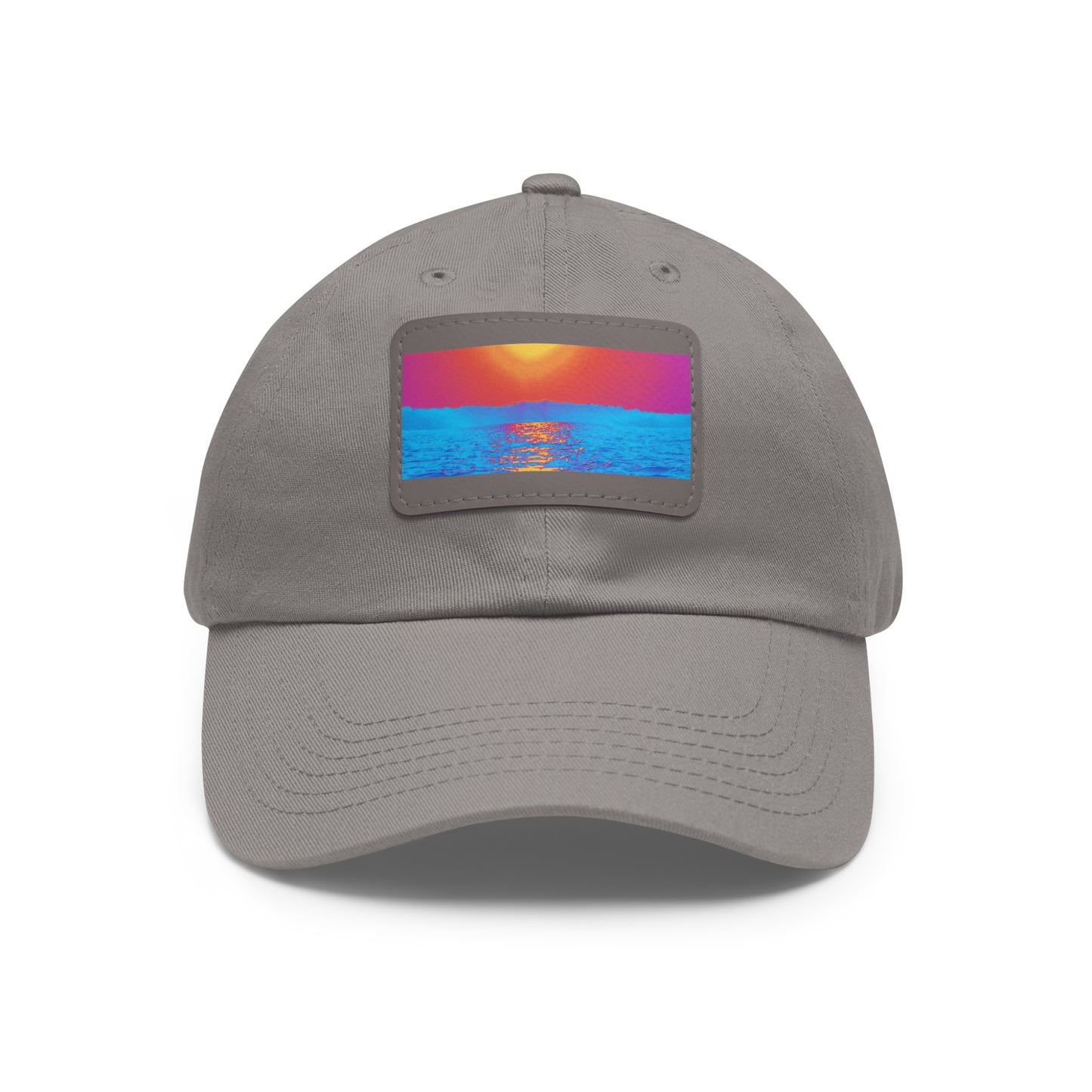 Sunset Ocean Leather Patch Dad Hat — Retro Vaporwave Beach Cap