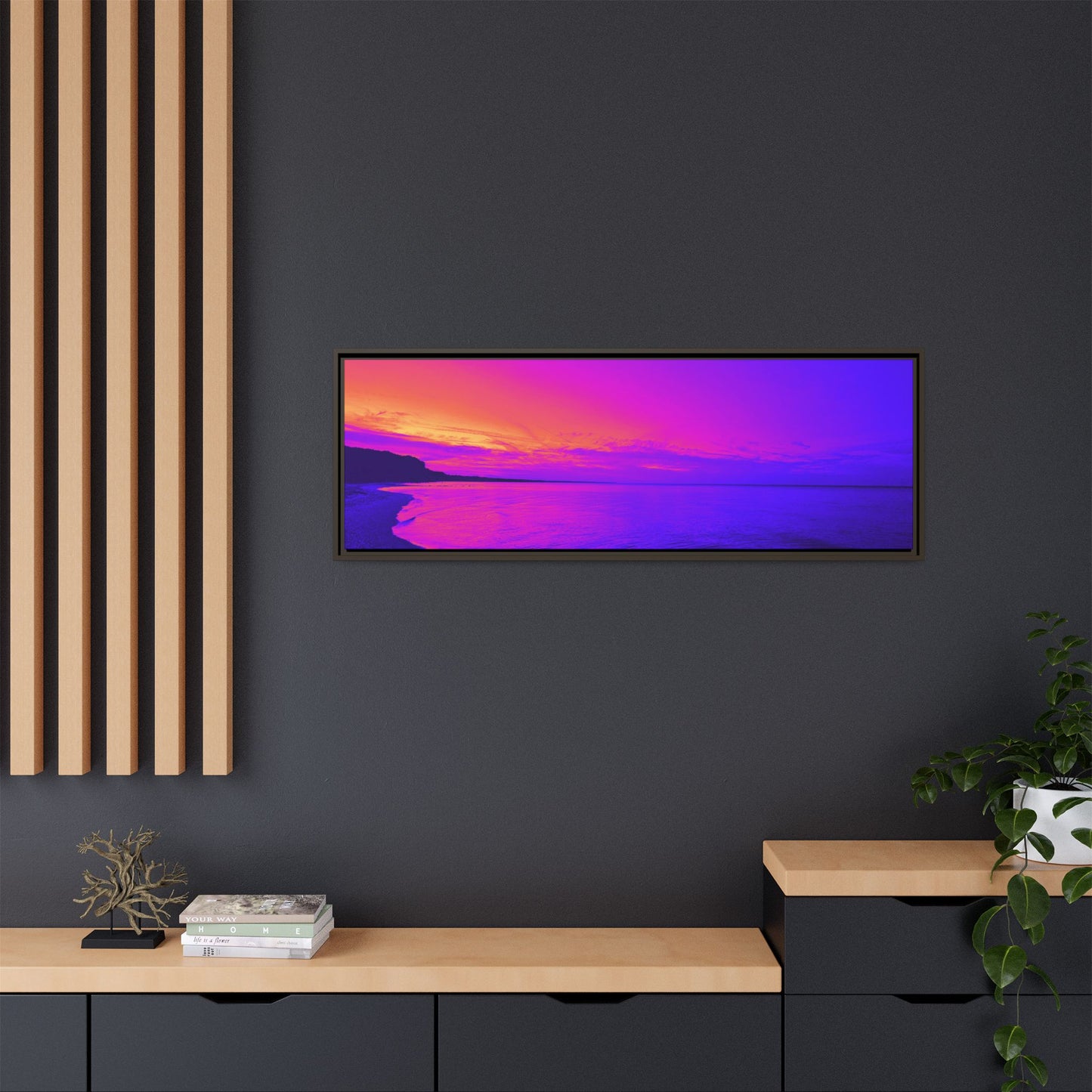 "Lavishing Symmetry" Sunset Shore Matte Canvas Framed Wall Art — Vibrant Purple & Pink Beach Landscape
